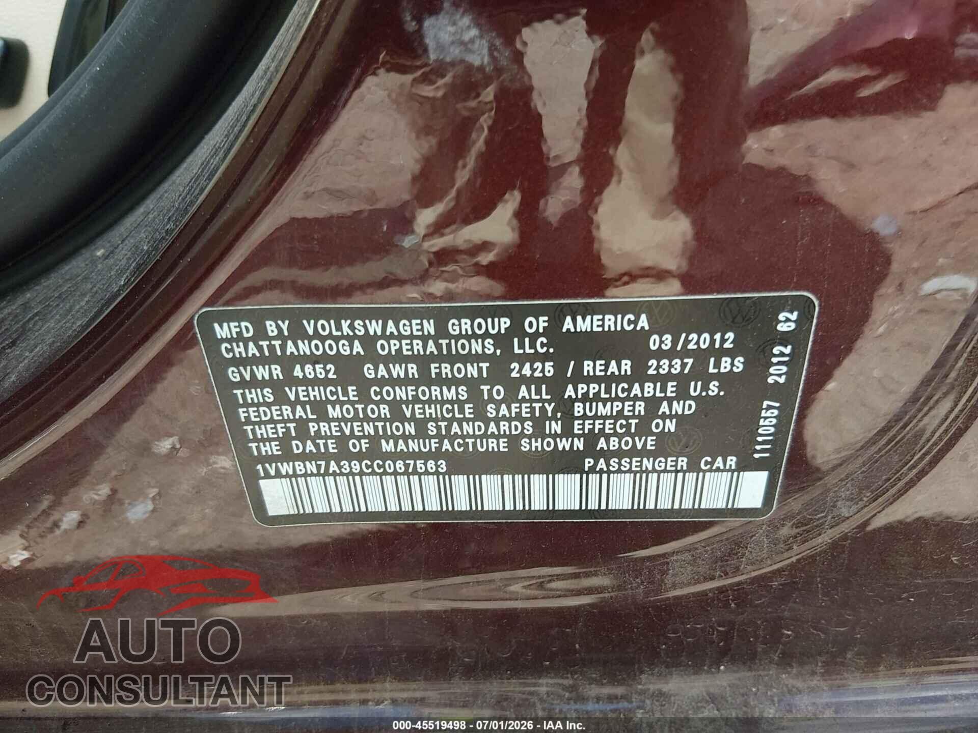 VOLKSWAGEN PASSAT 2012 - 1VWBN7A39CC067563