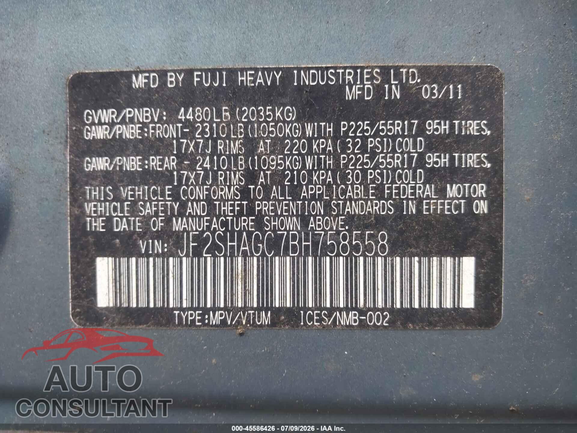 SUBARU FORESTER 2011 - JF2SHAGC7BH758558
