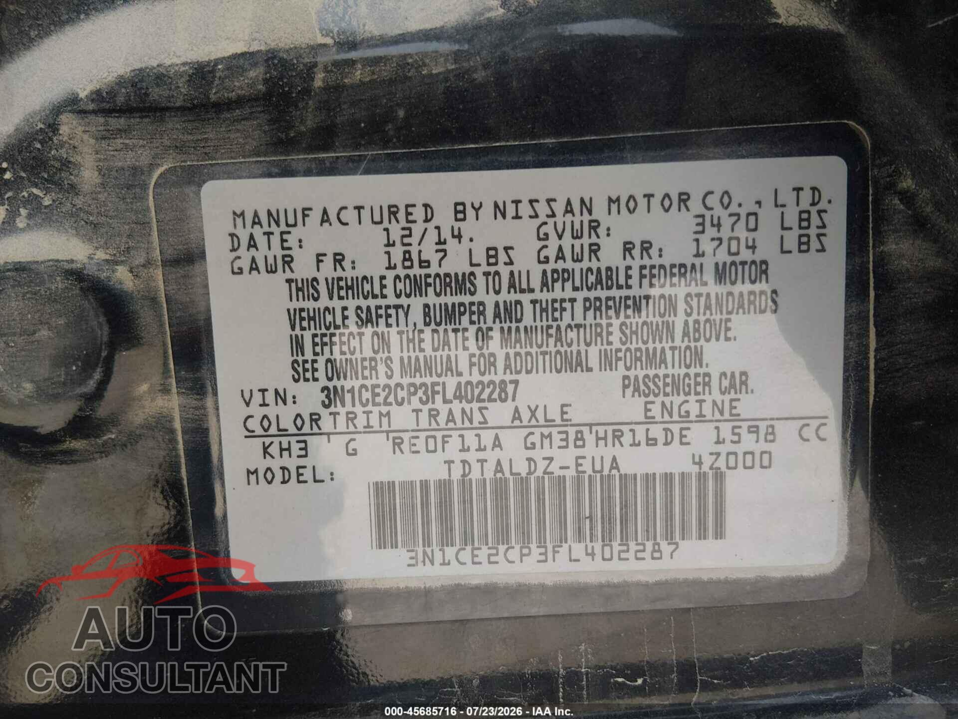 NISSAN VERSA NOTE 2015 - 3N1CE2CP3FL402287