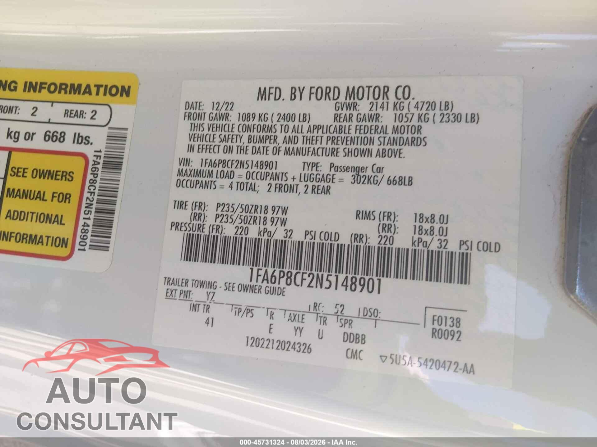 FORD MUSTANG 2022 - 1FA6P8CF2N5148901