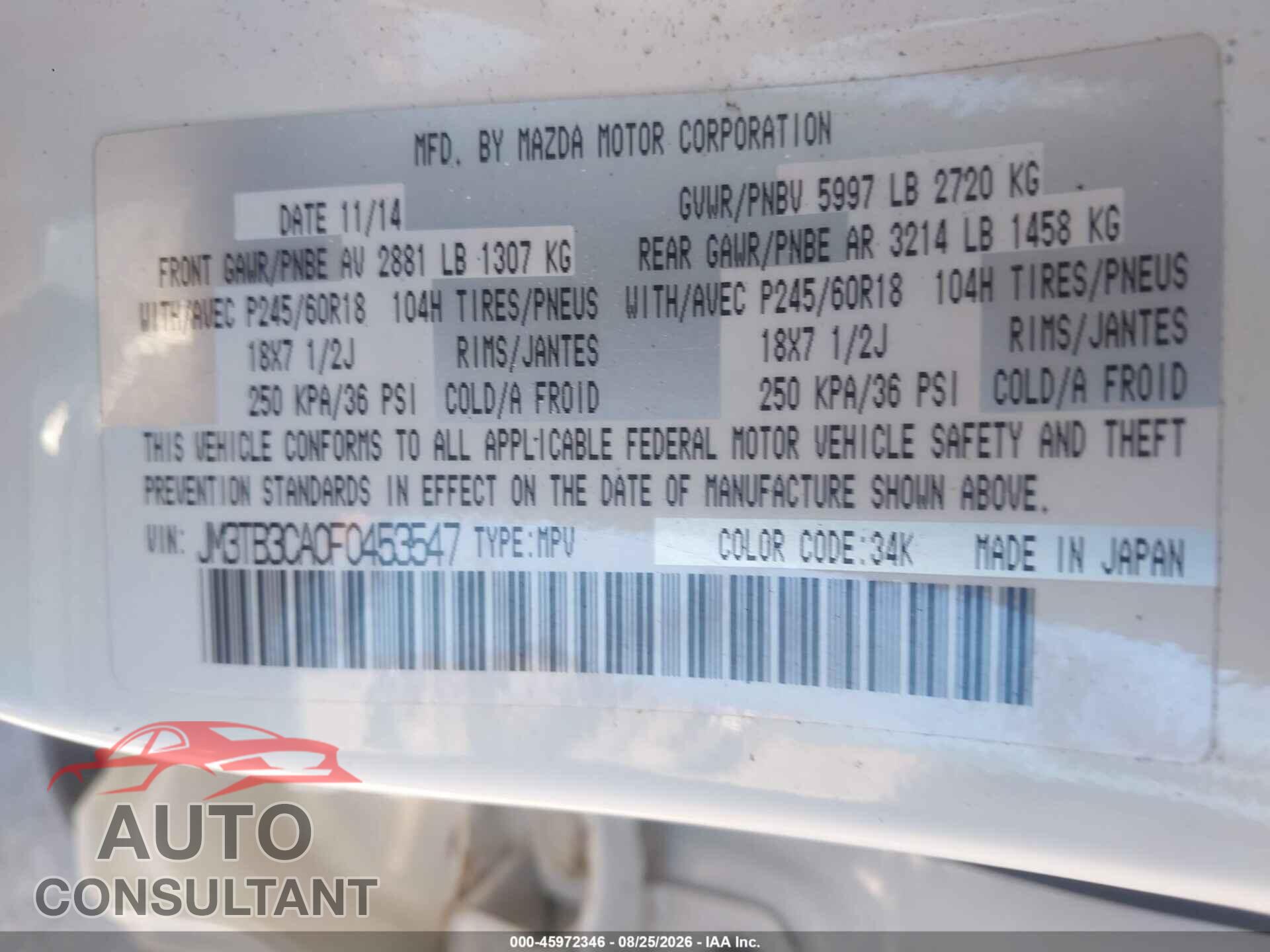 MAZDA CX-9 2015 - JM3TB3CA0F0453547
