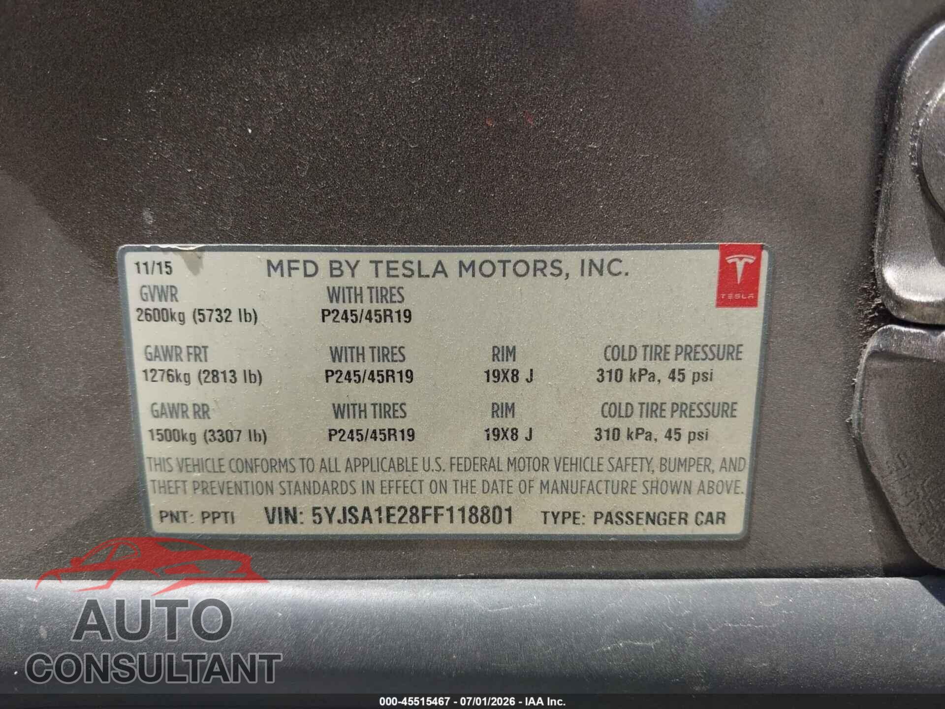 TESLA MODEL S 2015 - 5YJSA1E28FF118801