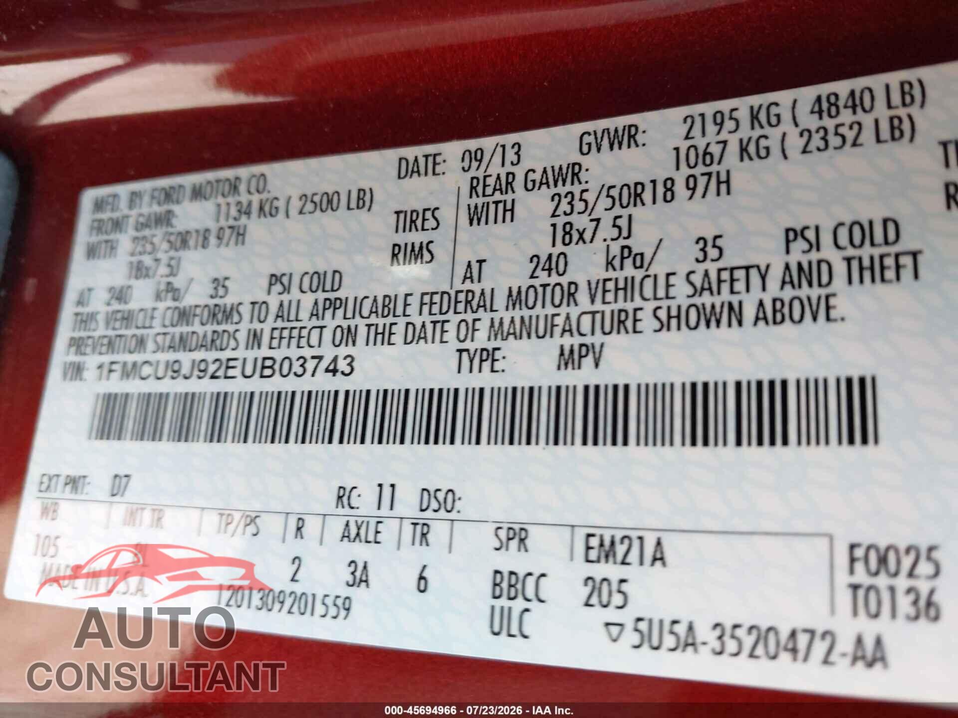 FORD ESCAPE 2014 - 1FMCU9J92EUB03743