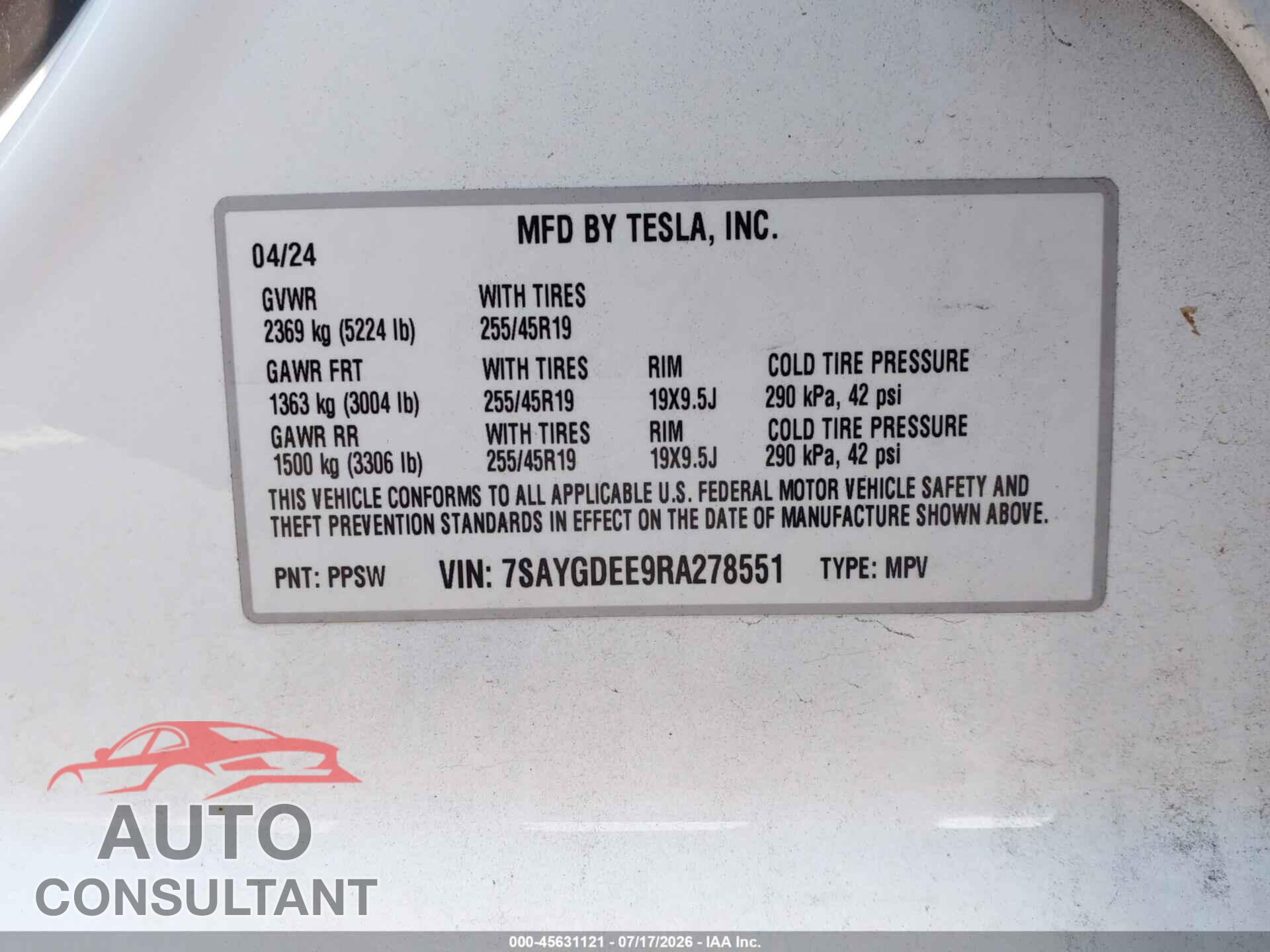 TESLA MODEL Y 2024 - 7SAYGDEE9RA278551