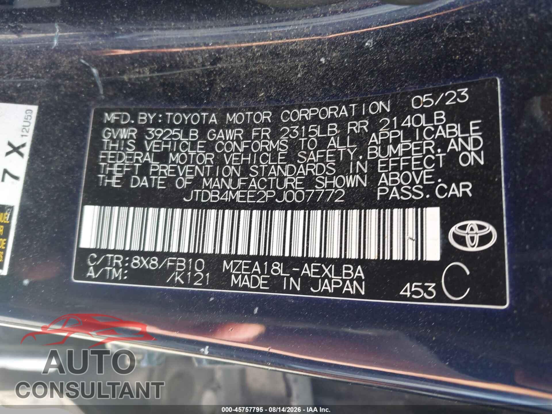 TOYOTA COROLLA 2023 - JTDB4MEE2PJ007772