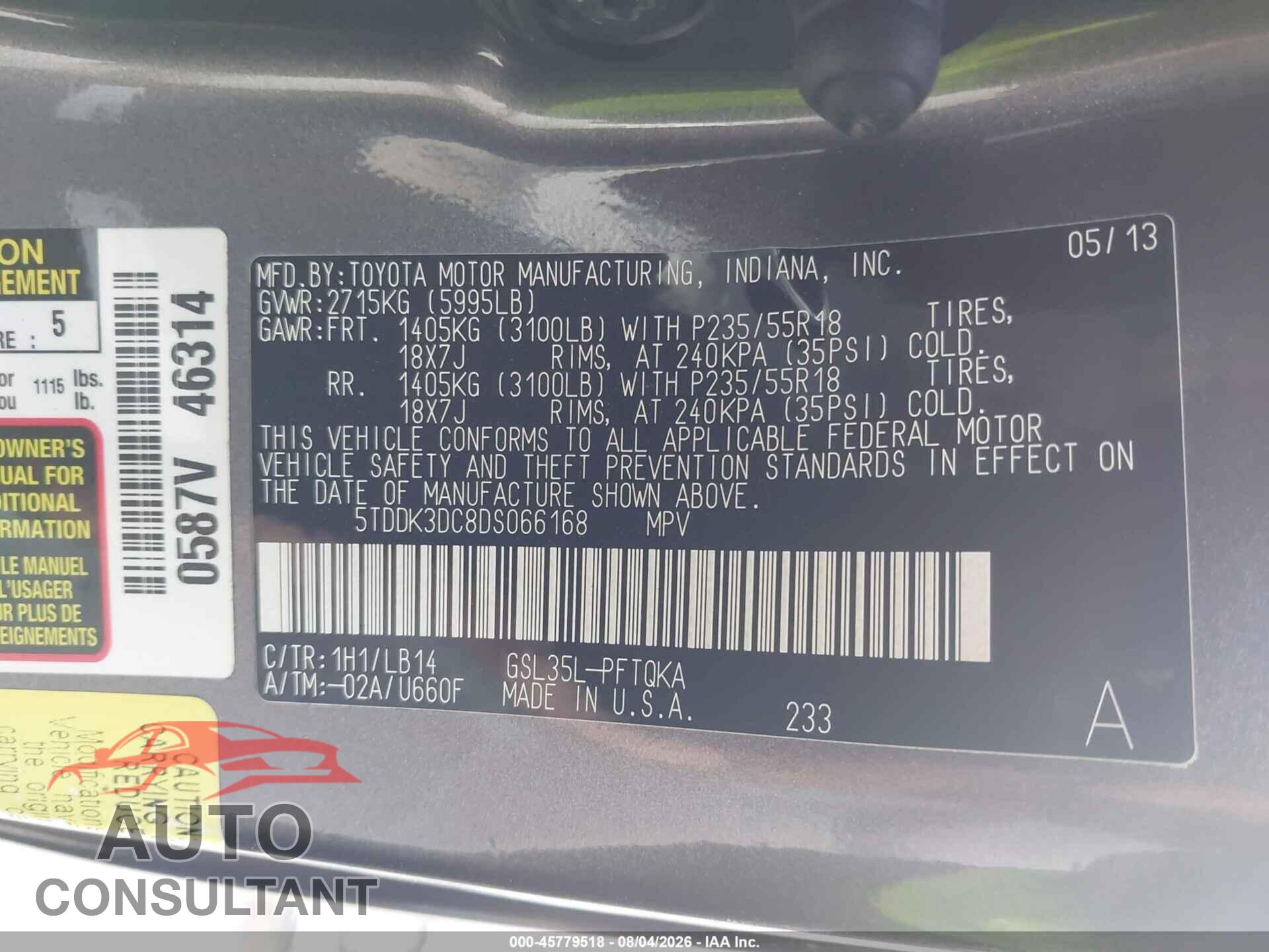 TOYOTA SIENNA 2013 - 5TDDK3DC8DS066168