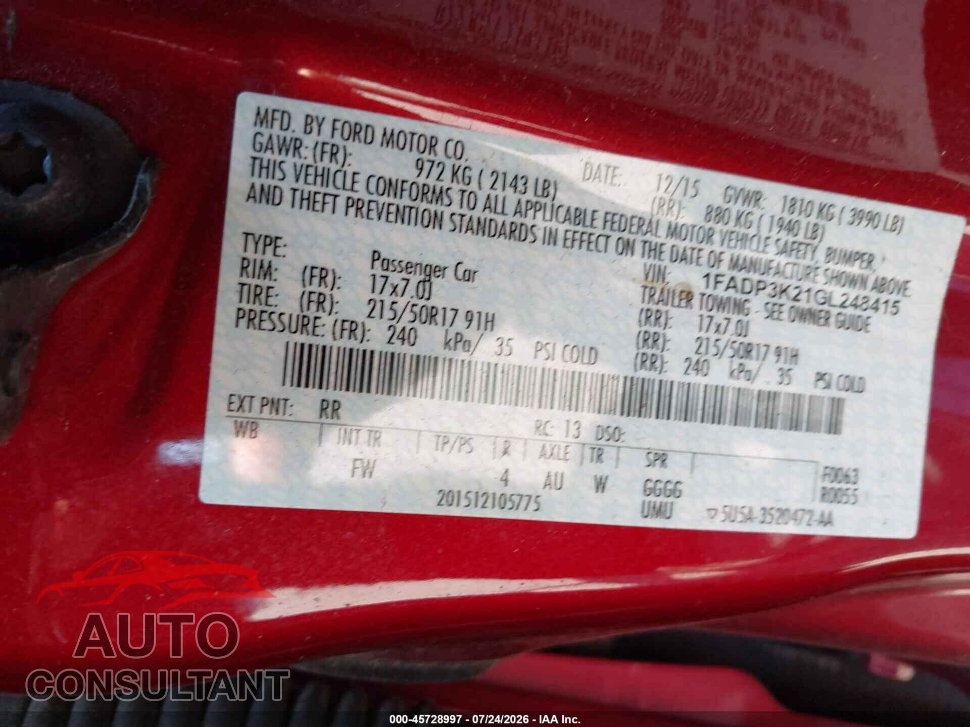 FORD FOCUS 2016 - 1FADP3K21GL248415