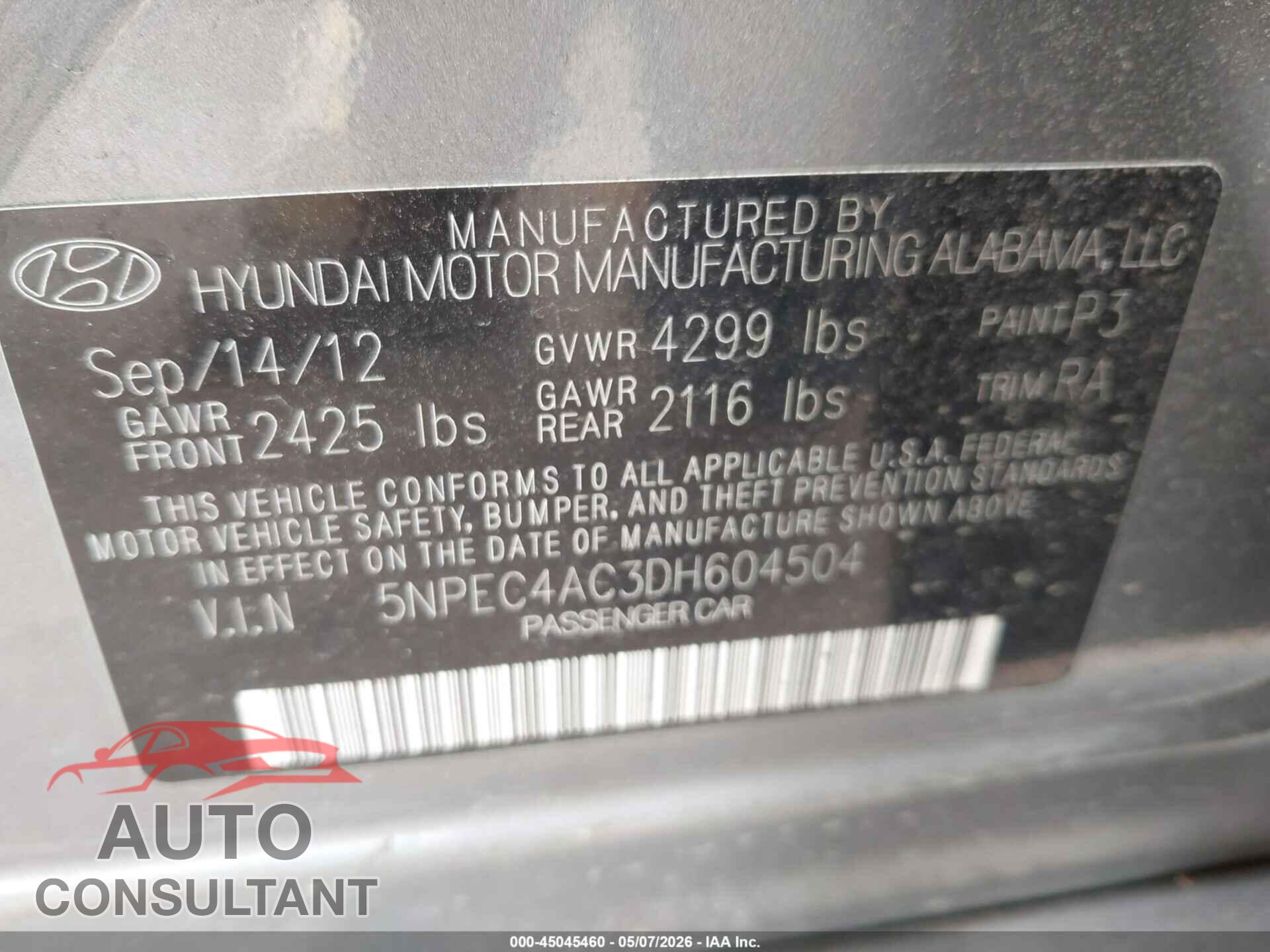 HYUNDAI SONATA 2013 - 5NPEC4AC3DH604504