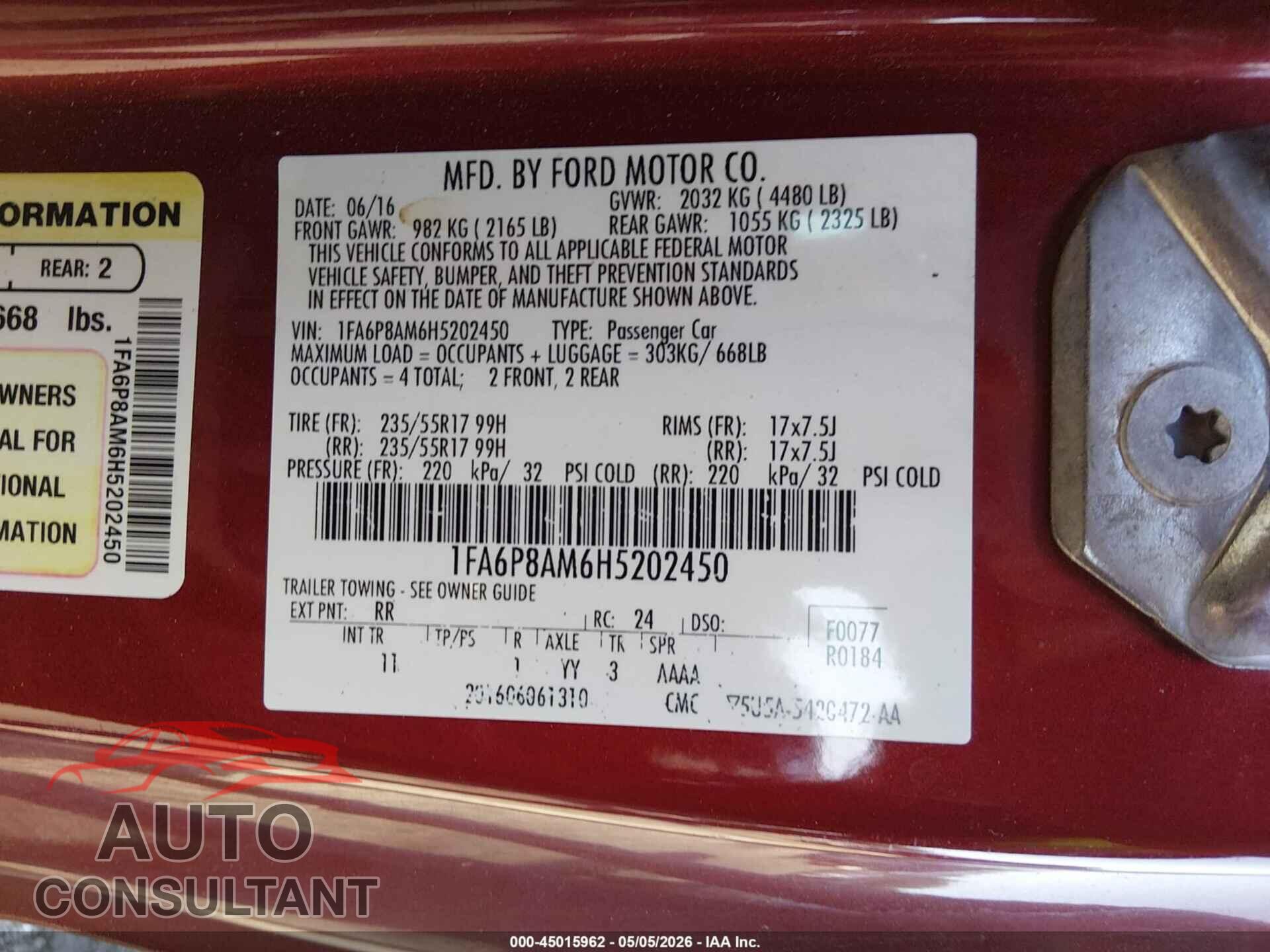 FORD MUSTANG 2017 - 1FA6P8AM6H5202450