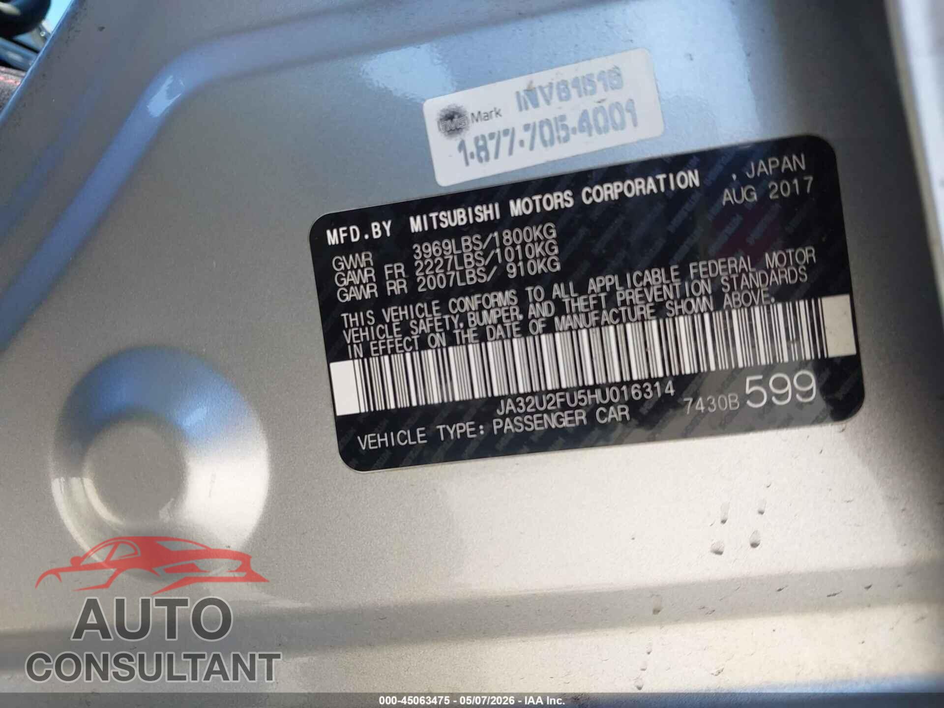 MITSUBISHI LANCER 2017 - JA32U2FU5HU016314