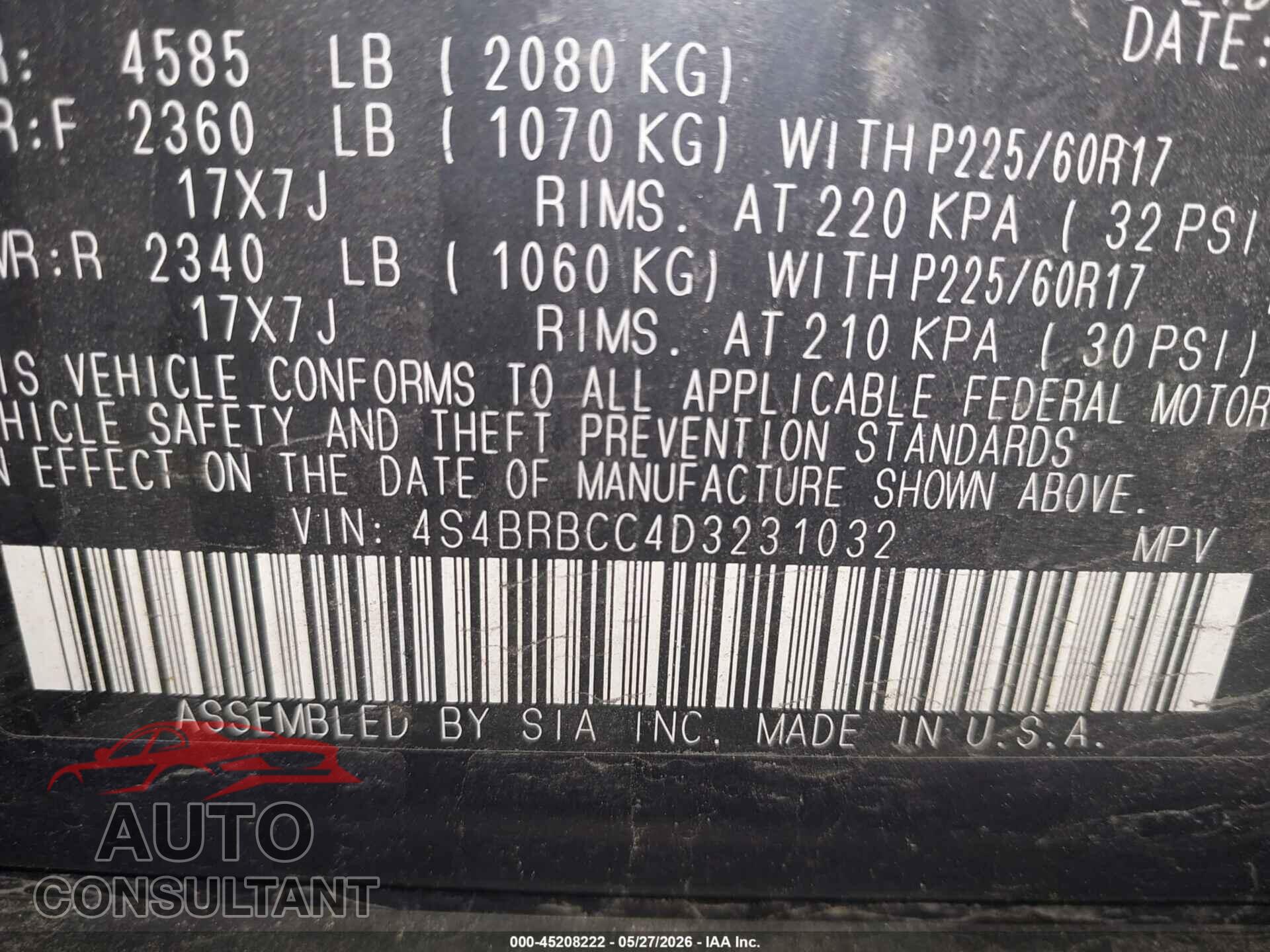 SUBARU OUTBACK 2013 - 4S4BRBCC4D3231032