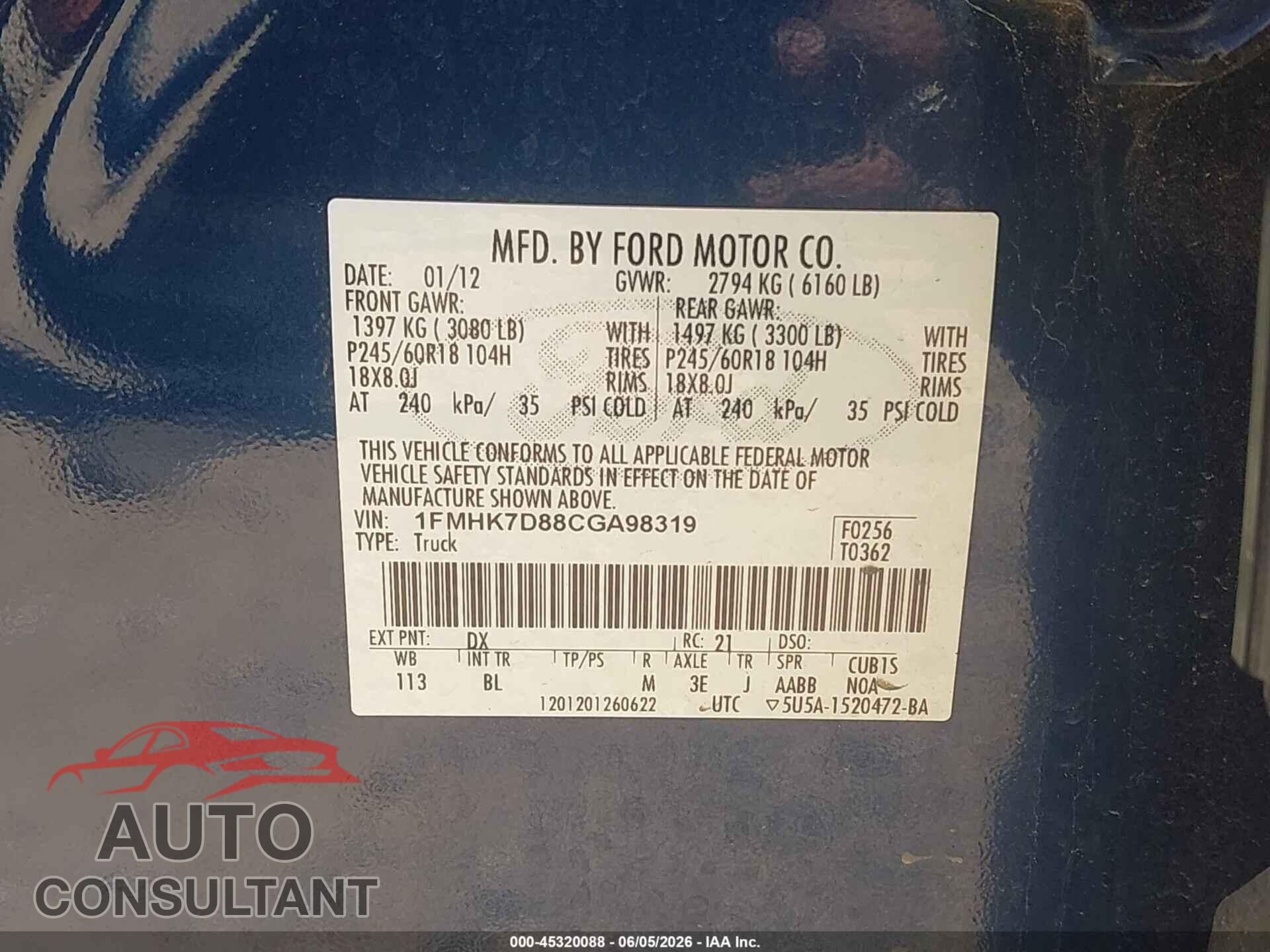 FORD EXPLORER 2012 - 1FMHK7D88CGA98319
