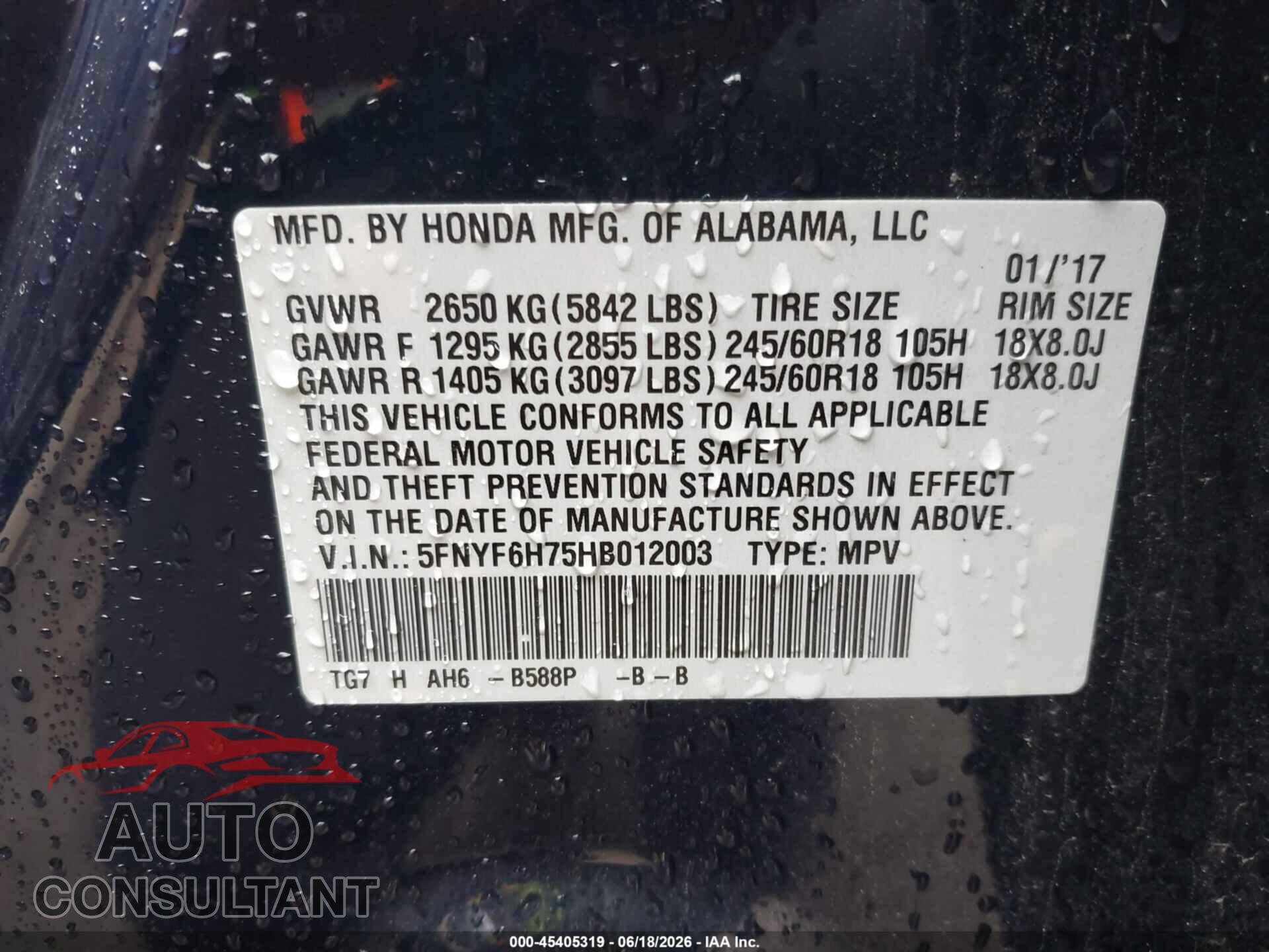 HONDA PILOT 2017 - 5FNYF6H75HB012003
