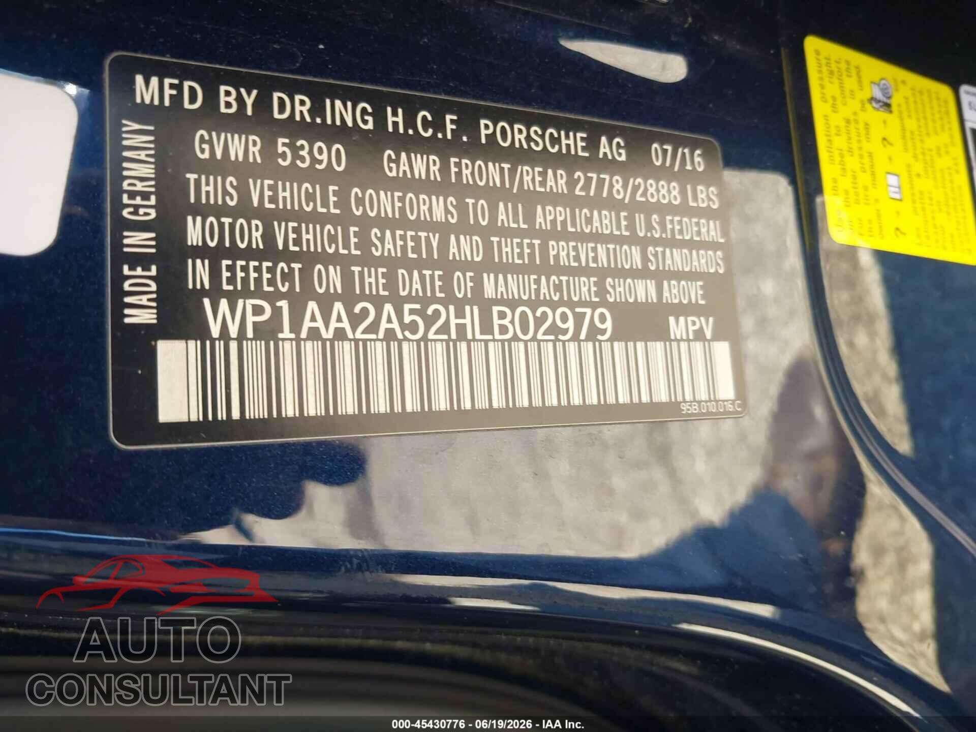 PORSCHE MACAN 2017 - WP1AA2A52HLB02979