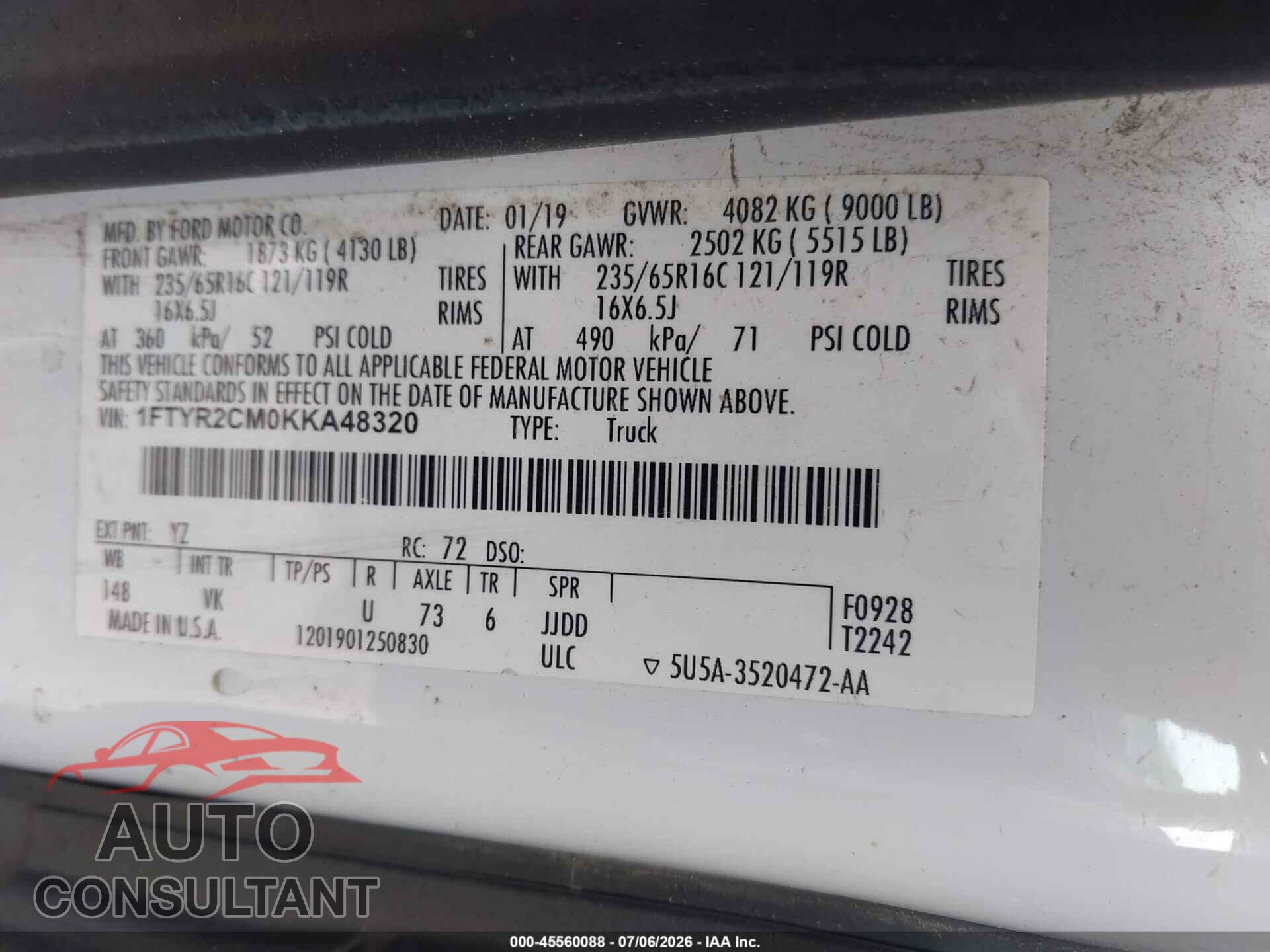 FORD TRANSIT-250 2019 - 1FTYR2CM0KKA48320