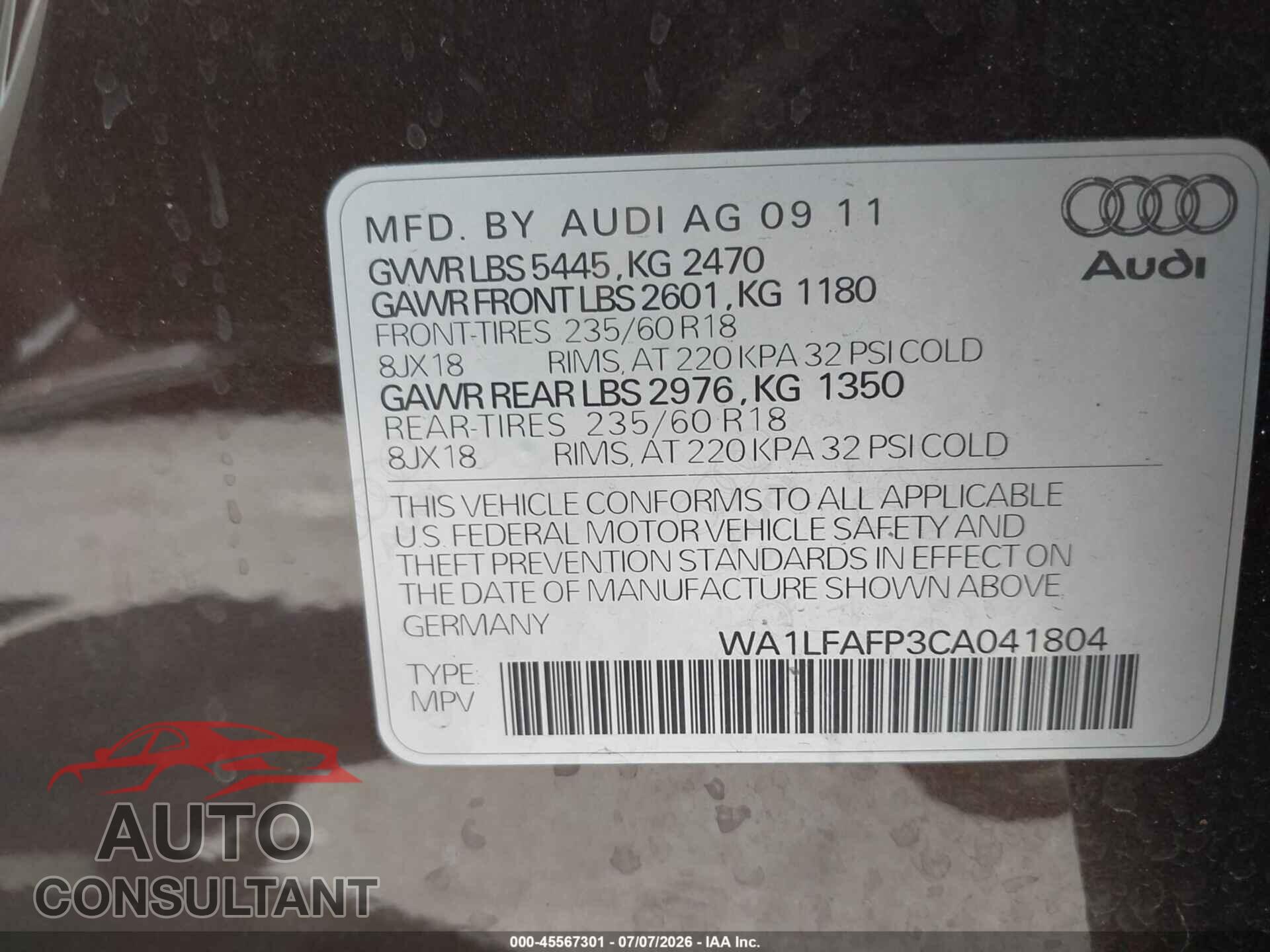 AUDI Q5 2012 - WA1LFAFP3CA041804