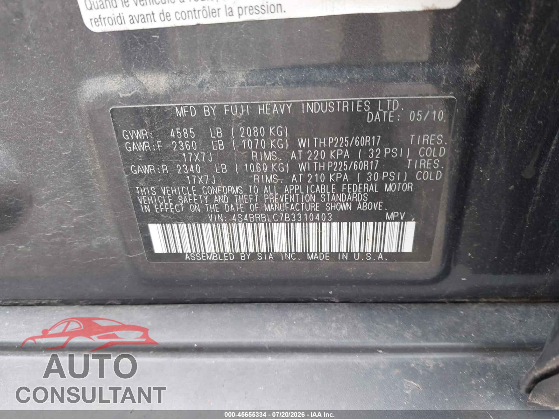 SUBARU OUTBACK 2011 - 4S4BRBLC7B3310403