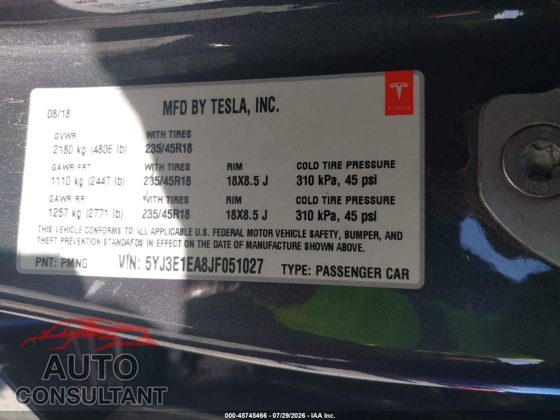 TESLA MODEL 3 2018 - 5YJ3E1EA8JF051027