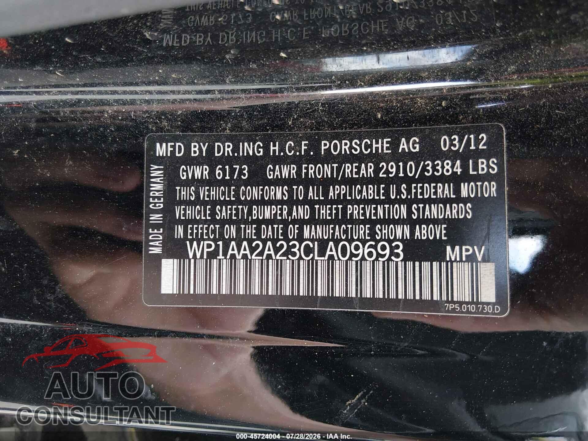 PORSCHE CAYENNE 2012 - WP1AA2A23CLA09693