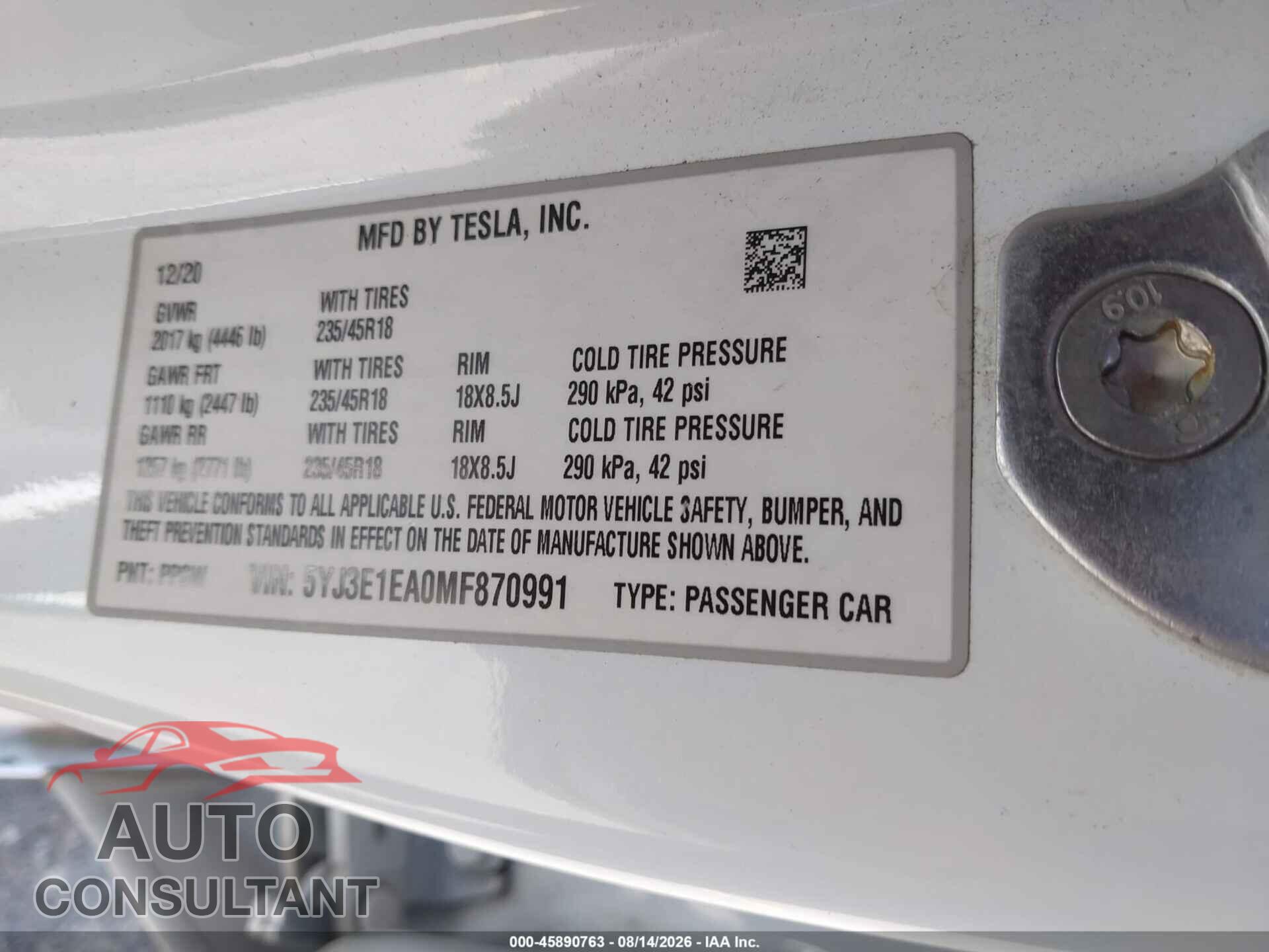TESLA MODEL 3 2021 - 5YJ3E1EA0MF870991