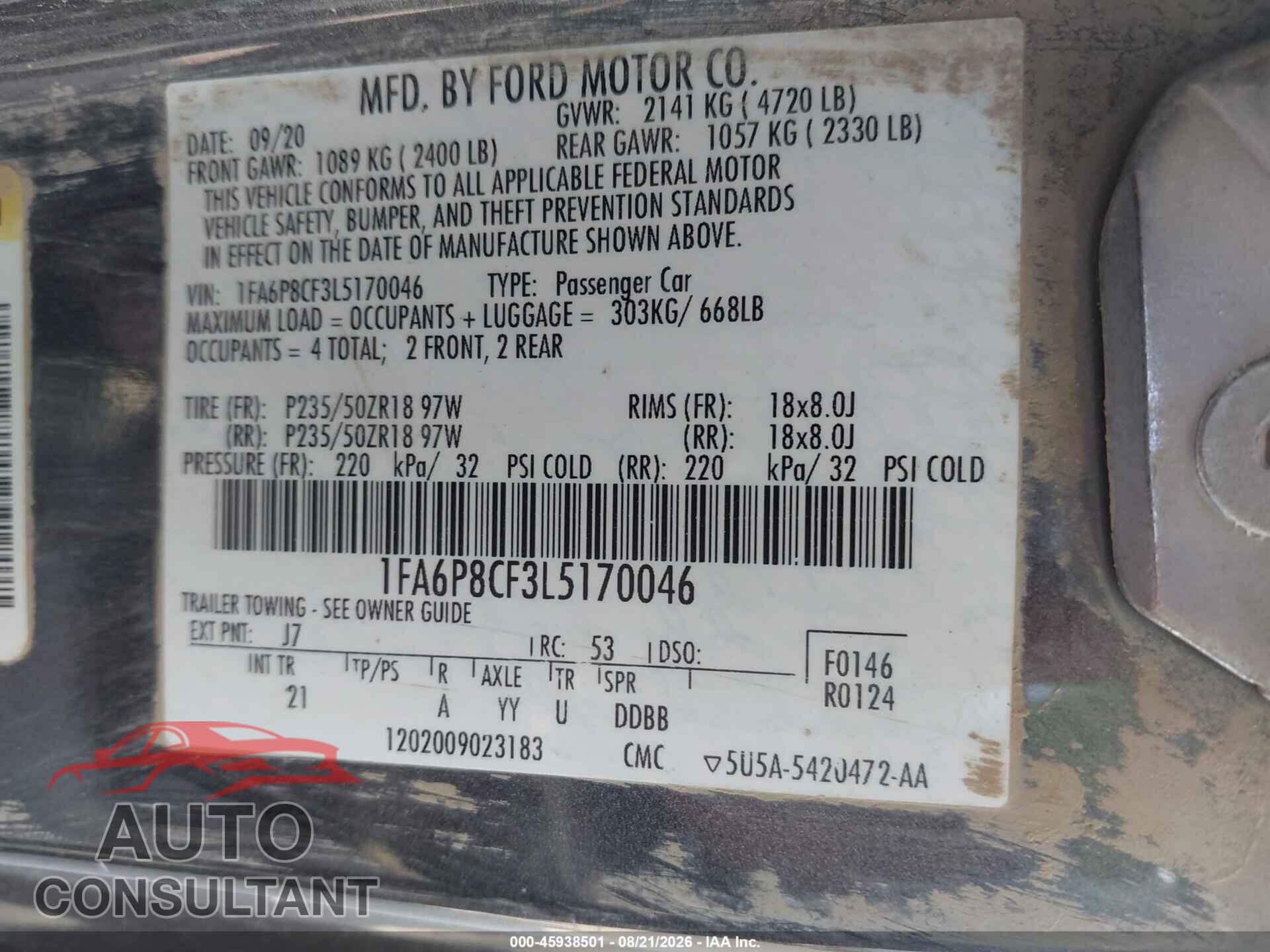 FORD MUSTANG 2020 - 1FA6P8CF3L5170046