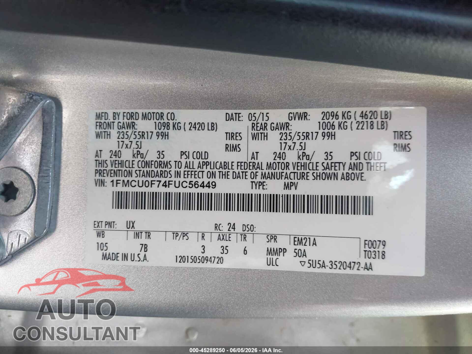 FORD ESCAPE 2015 - 1FMCU0F74FUC56449
