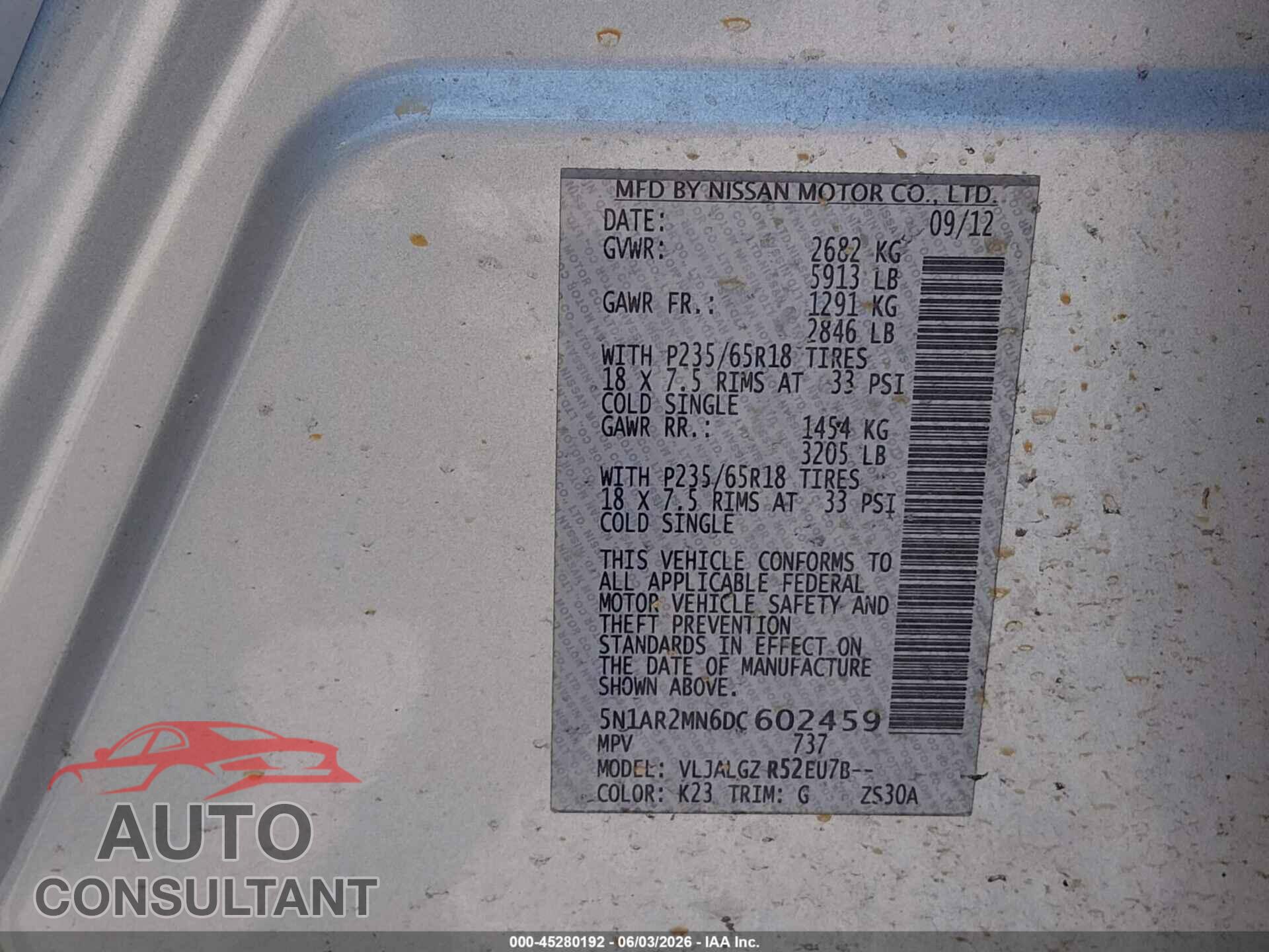 NISSAN PATHFINDER 2013 - 5N1AR2MN6DC602459