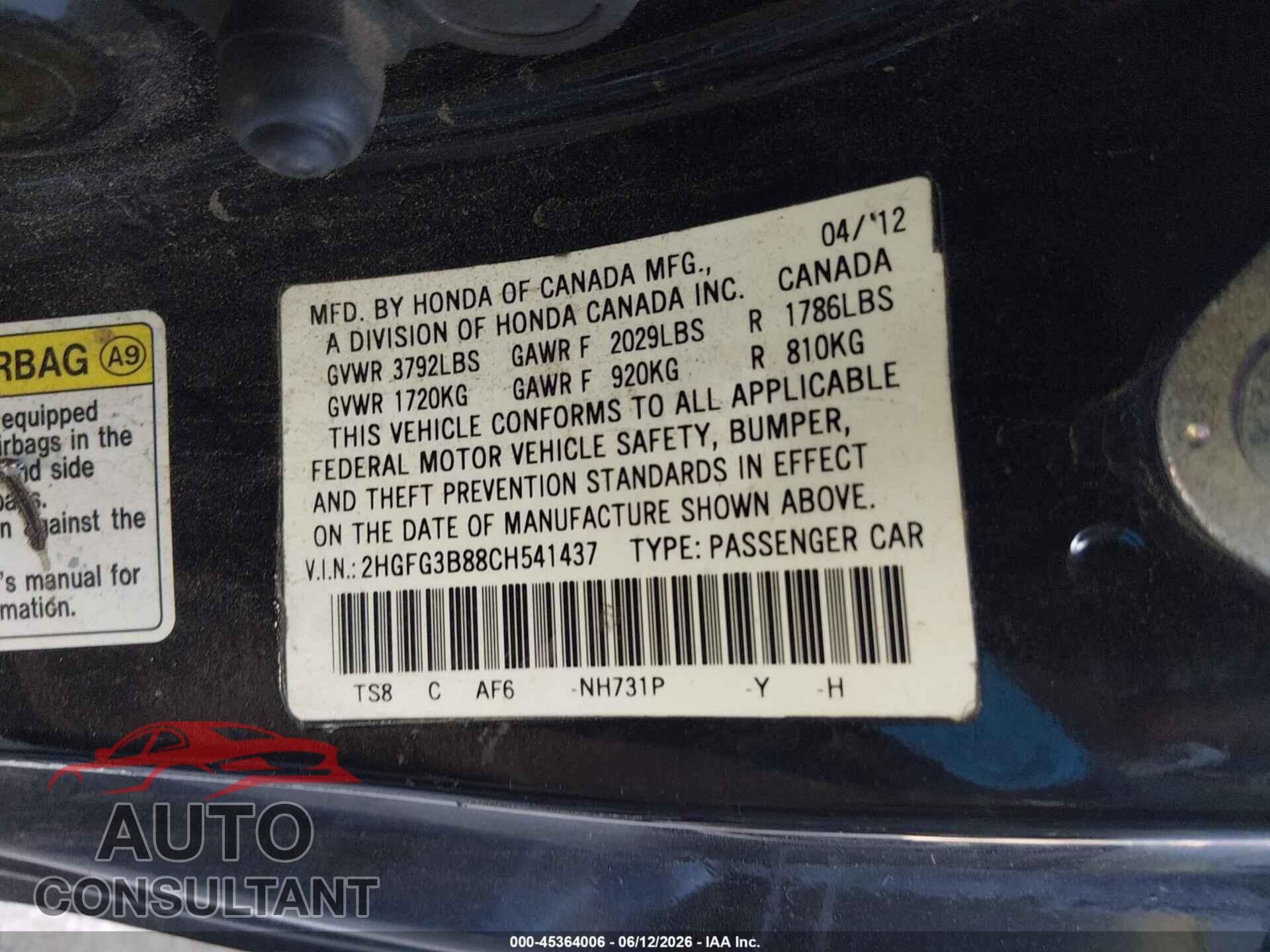 HONDA CIVIC 2012 - 2HGFG3B88CH541437