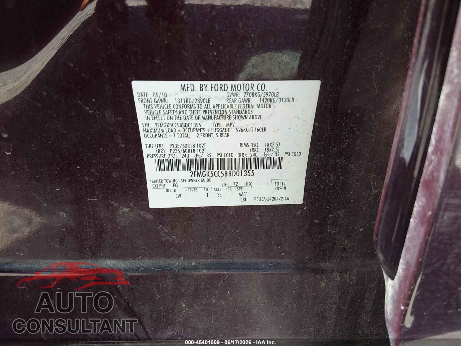 FORD FLEX 2011 - 2FMGK5CC5BBD01355