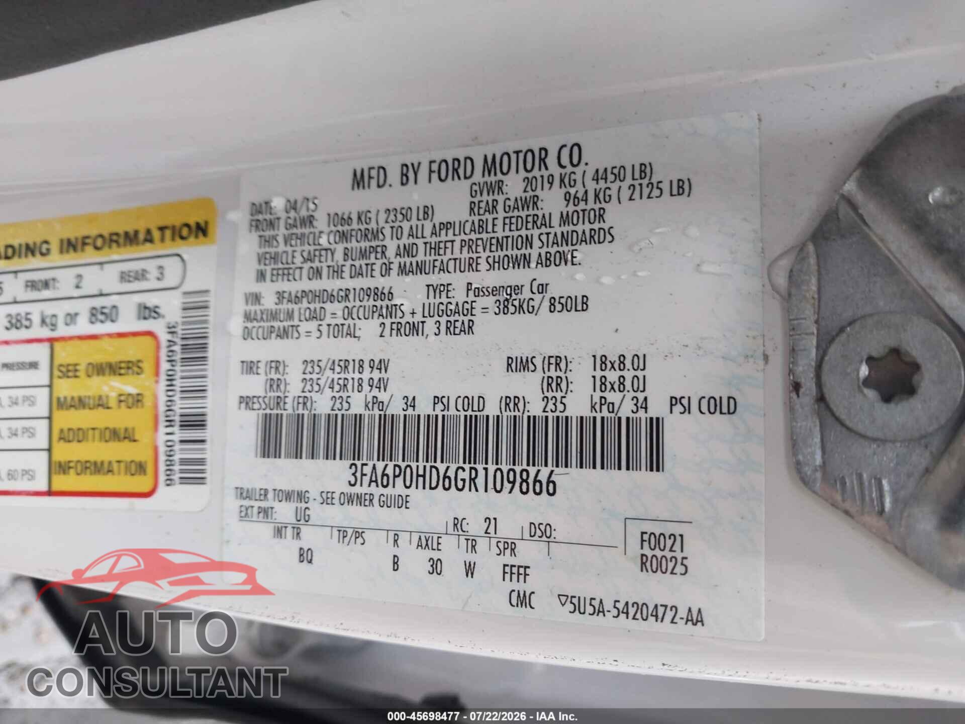 FORD FUSION 2016 - 3FA6P0HD6GR109866