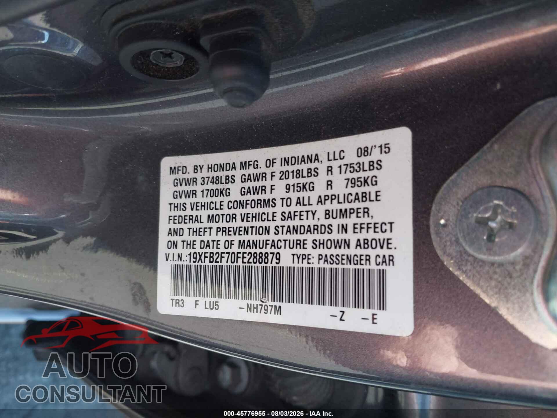 HONDA CIVIC 2015 - 19XFB2F70FE288879