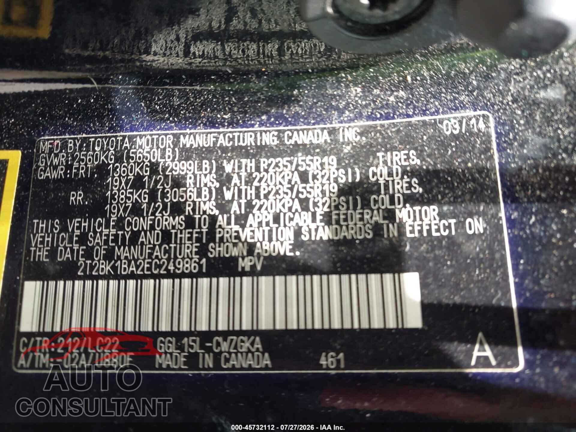 LEXUS RX 350 2014 - 2T2BK1BA2EC249861