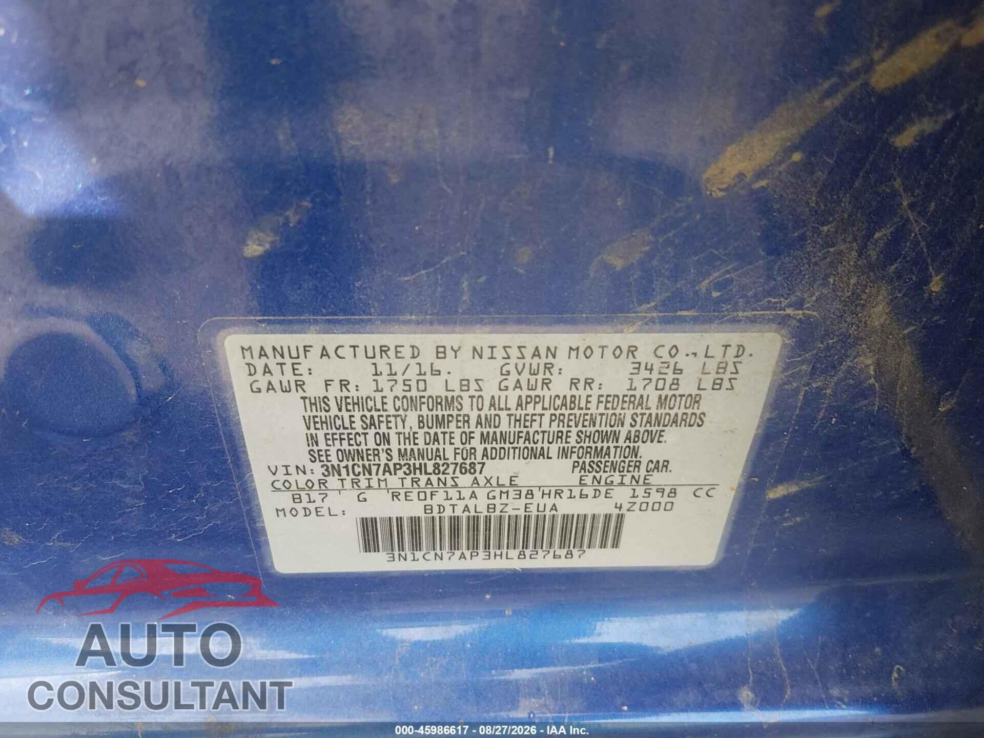 NISSAN VERSA 2017 - 3N1CN7AP3HL827687