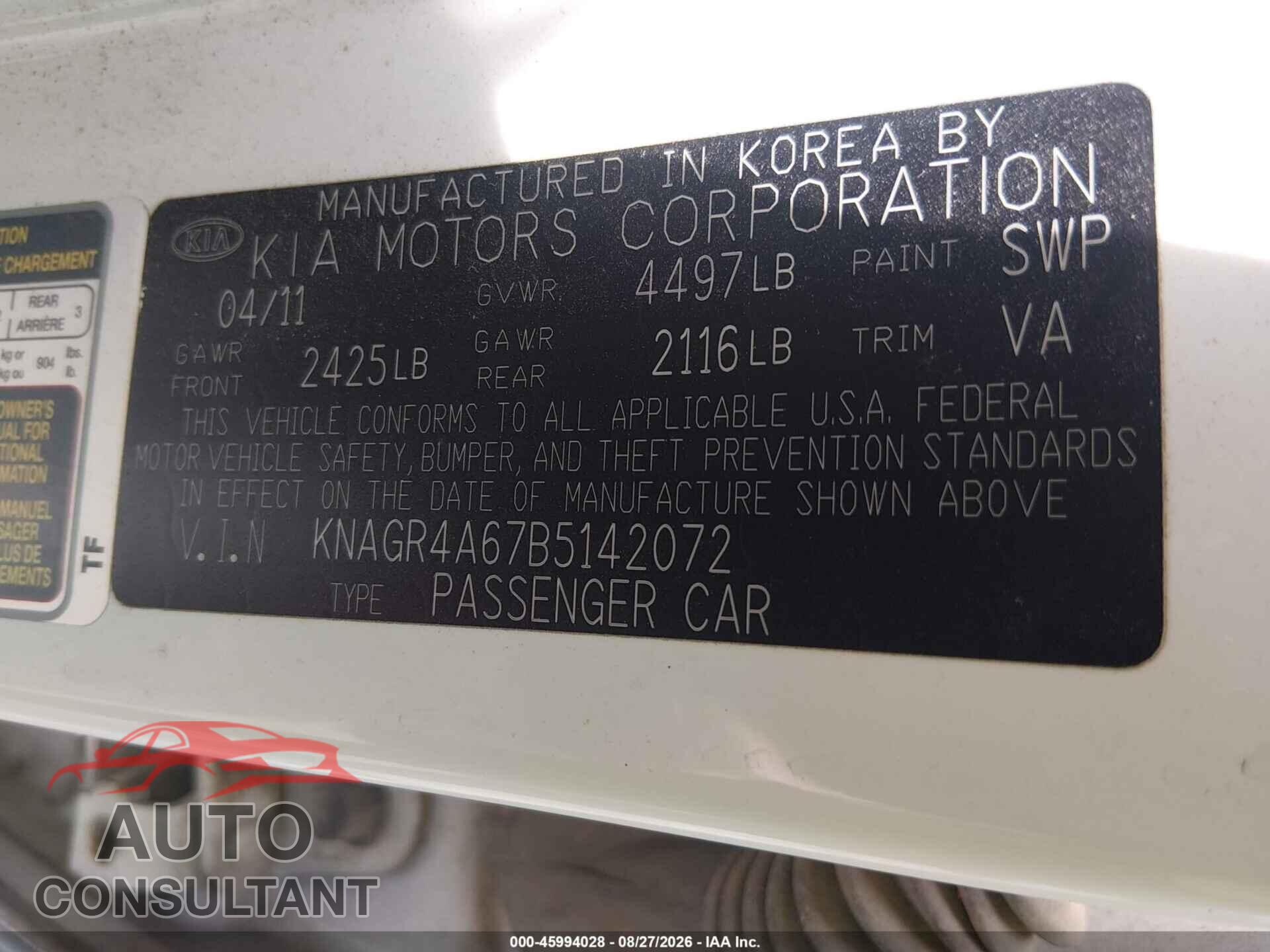 KIA OPTIMA 2011 - KNAGR4A67B5142072