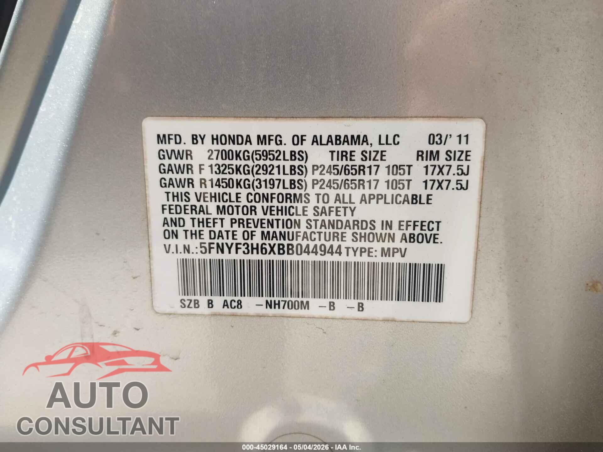 HONDA PILOT 2011 - 5FNYF3H6XBB044944
