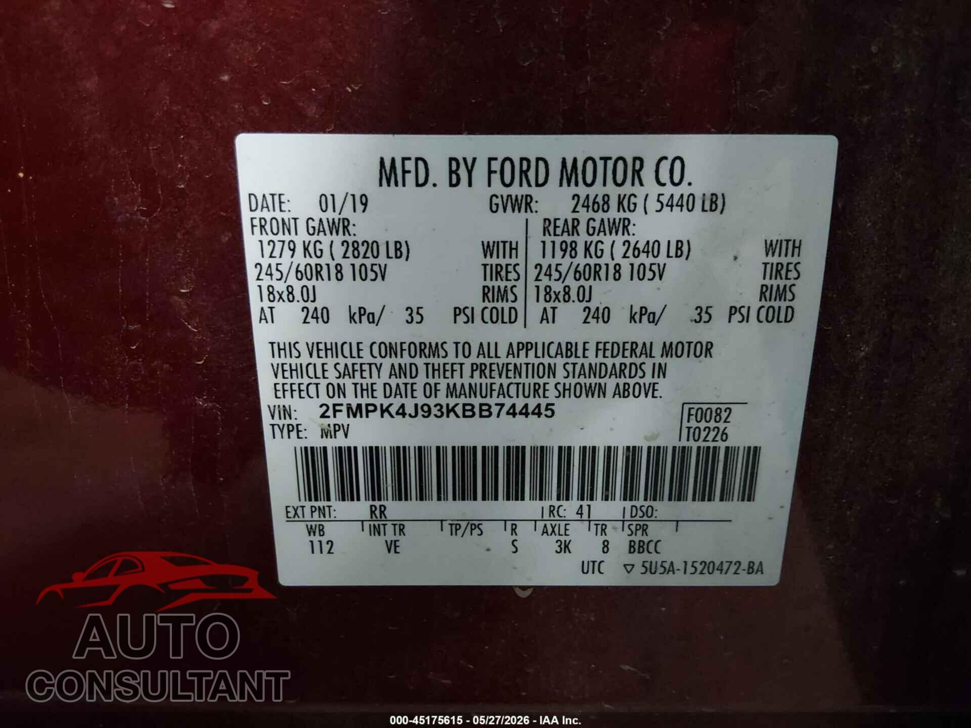 FORD EDGE 2019 - 2FMPK4J93KBB74445