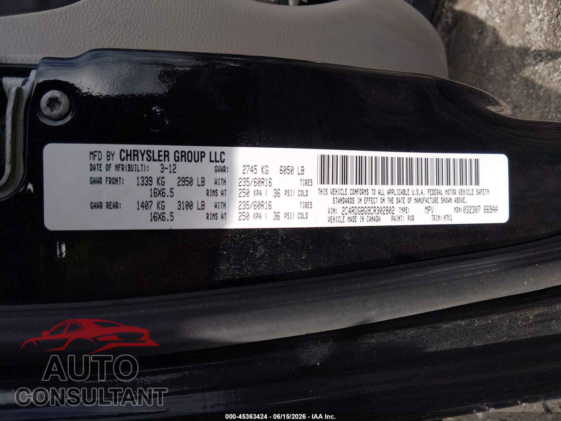 DODGE GRAND CARAVAN 2012 - 2C4RDGBG9CR302802