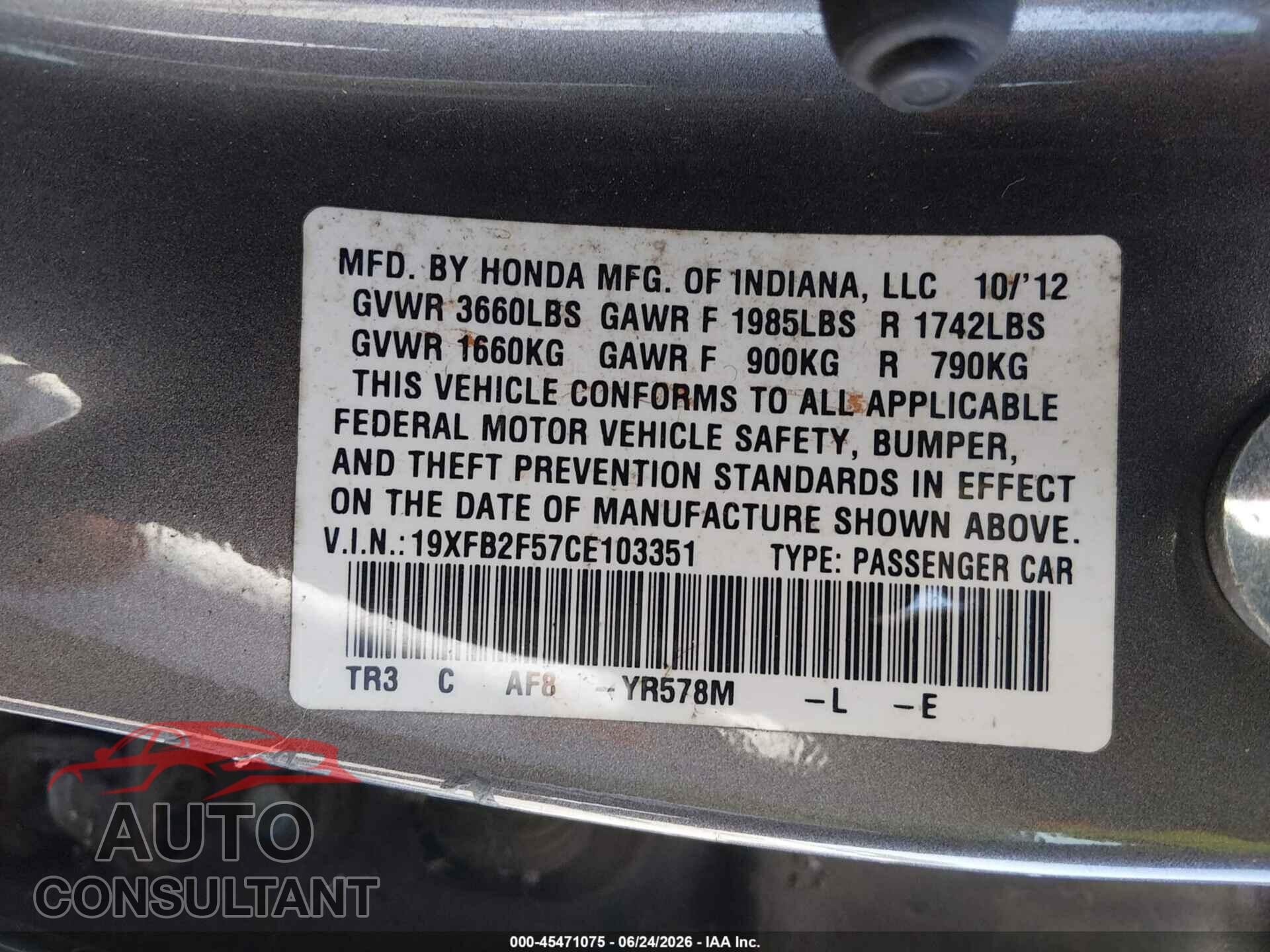 HONDA CIVIC 2012 - 19XFB2F57CE103351