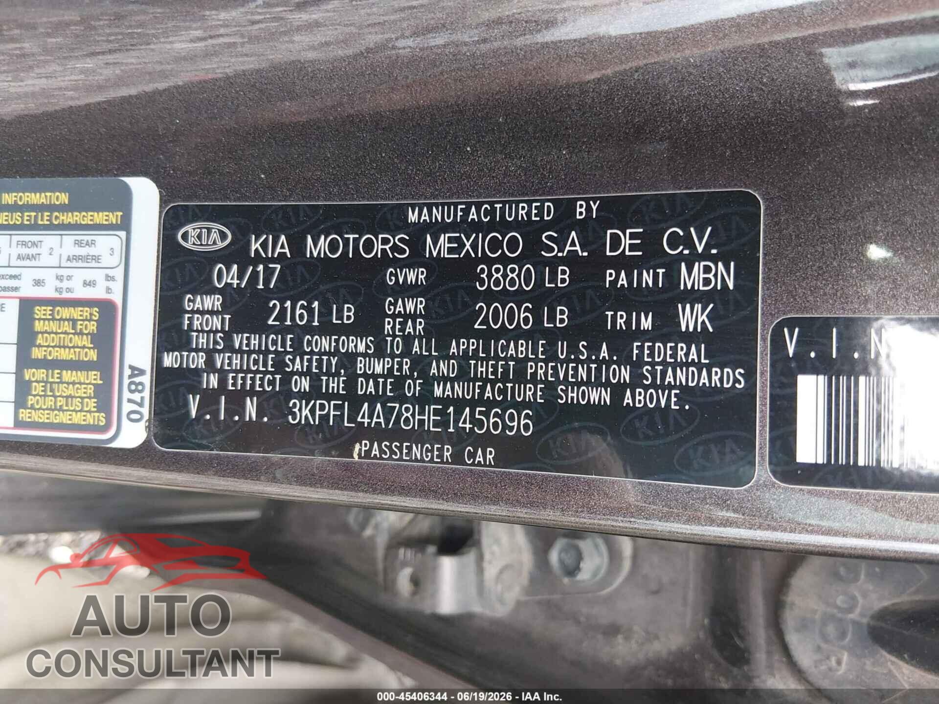 KIA FORTE 2017 - 3KPFL4A78HE145696