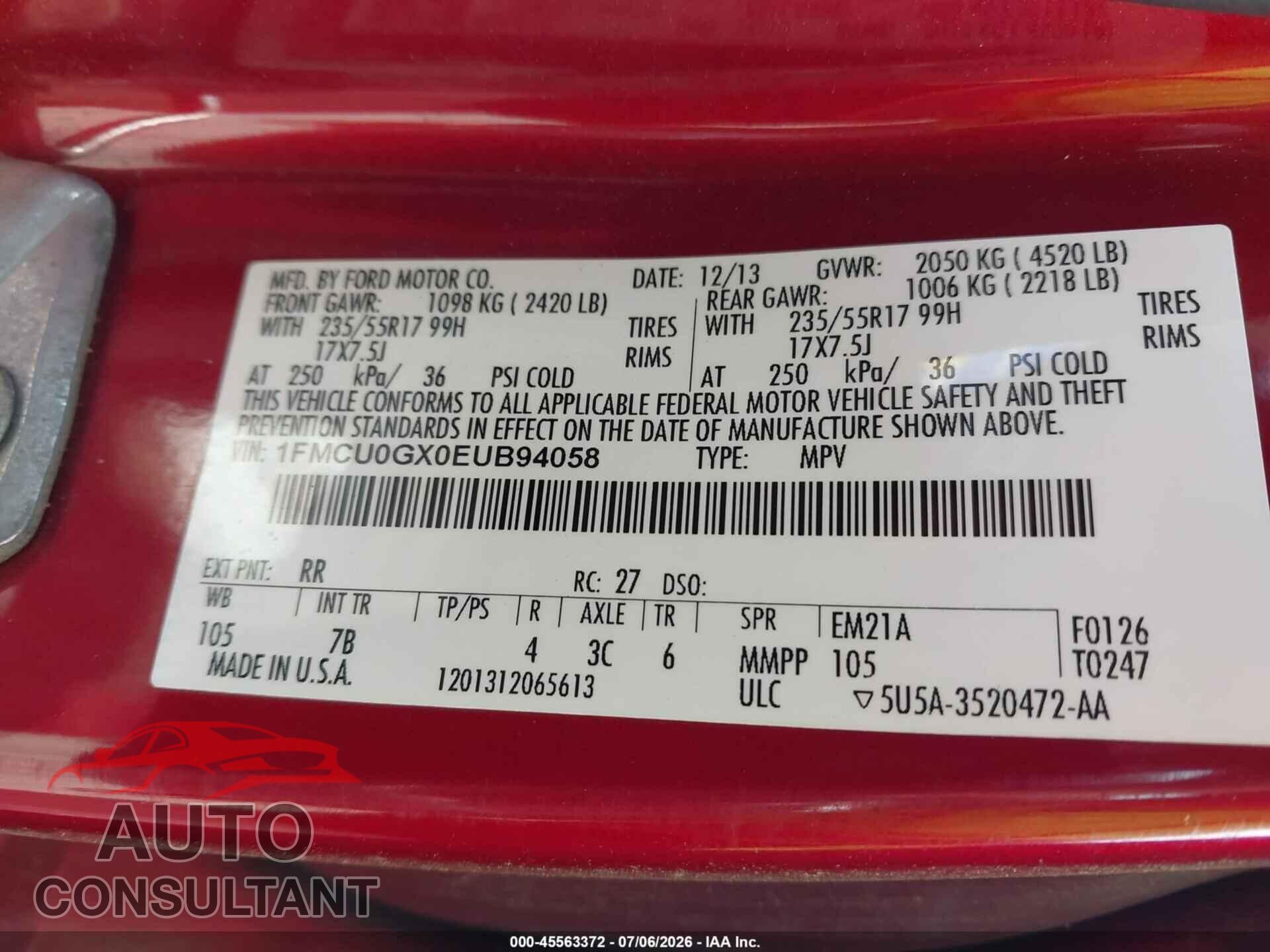 FORD ESCAPE 2014 - 1FMCU0GX0EUB94058