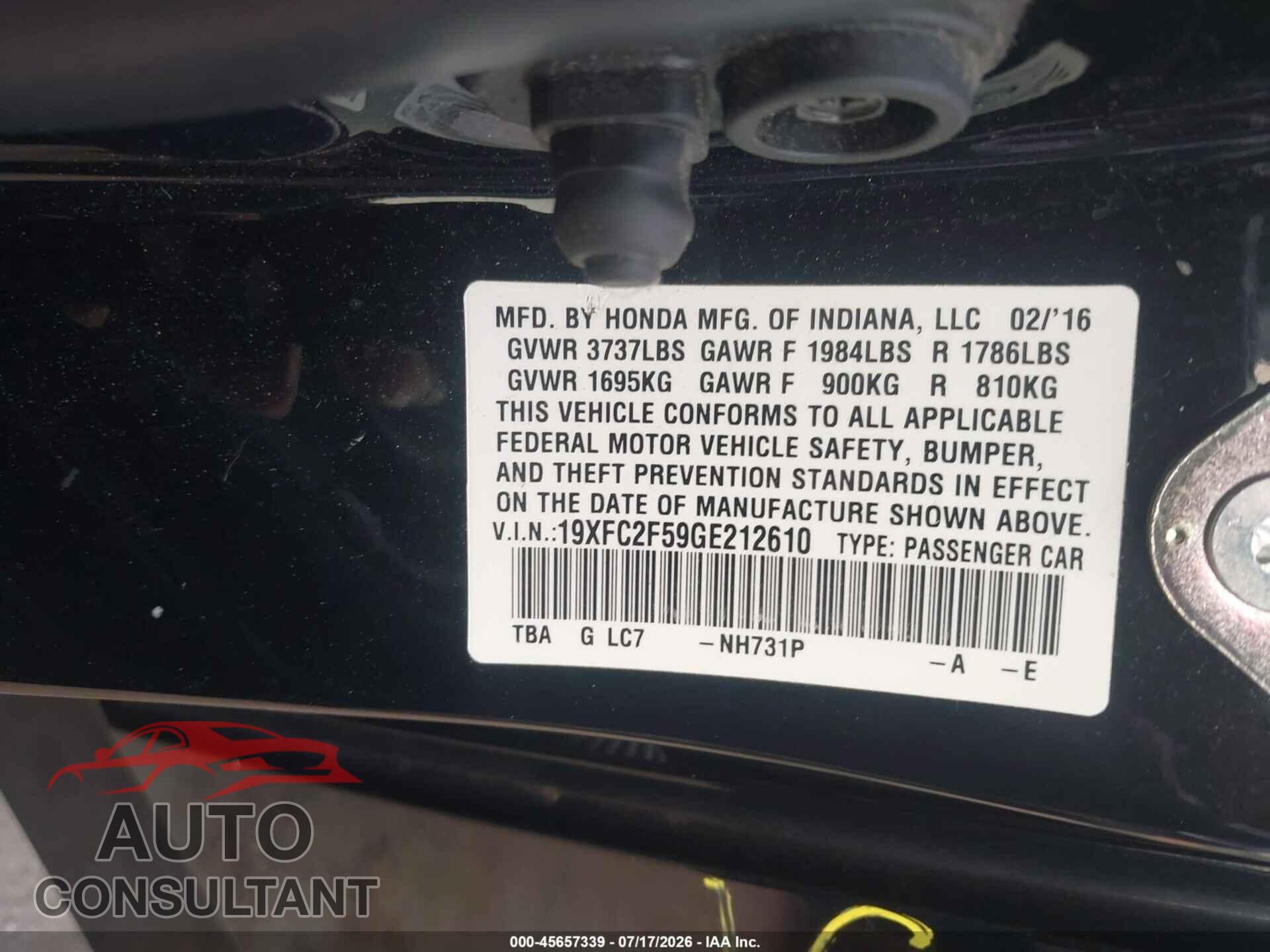 HONDA CIVIC 2016 - 19XFC2F59GE212610