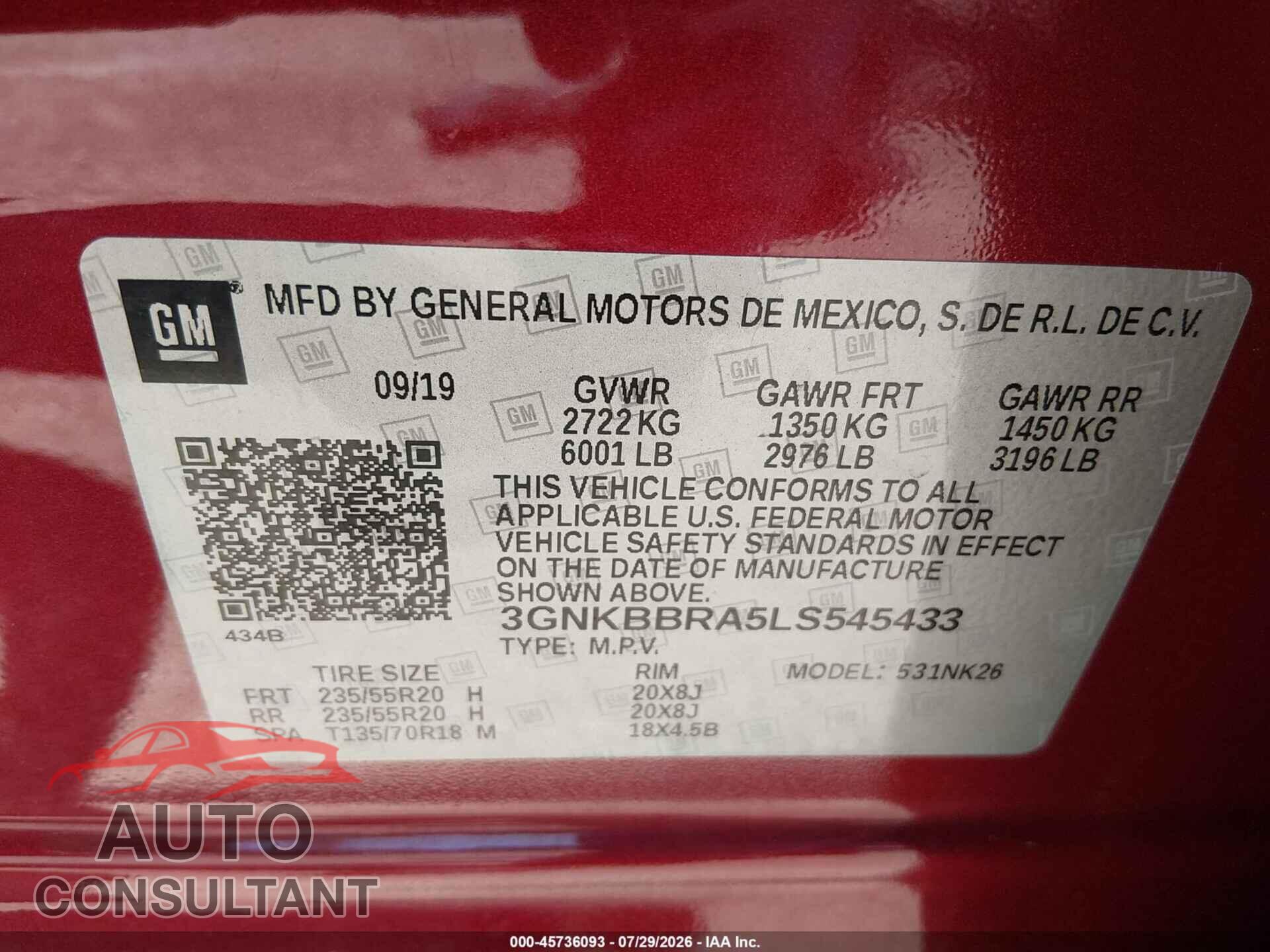 CHEVROLET BLAZER 2020 - 3GNKBBRA5LS545433