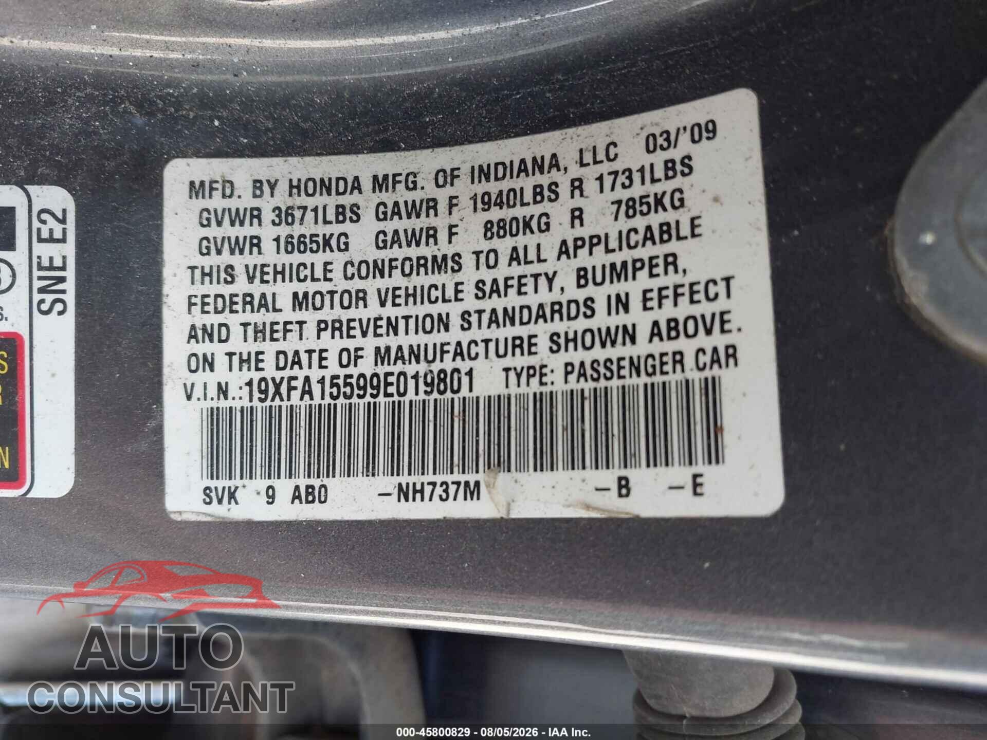 HONDA CIVIC 2009 - 19XFA15599E019801