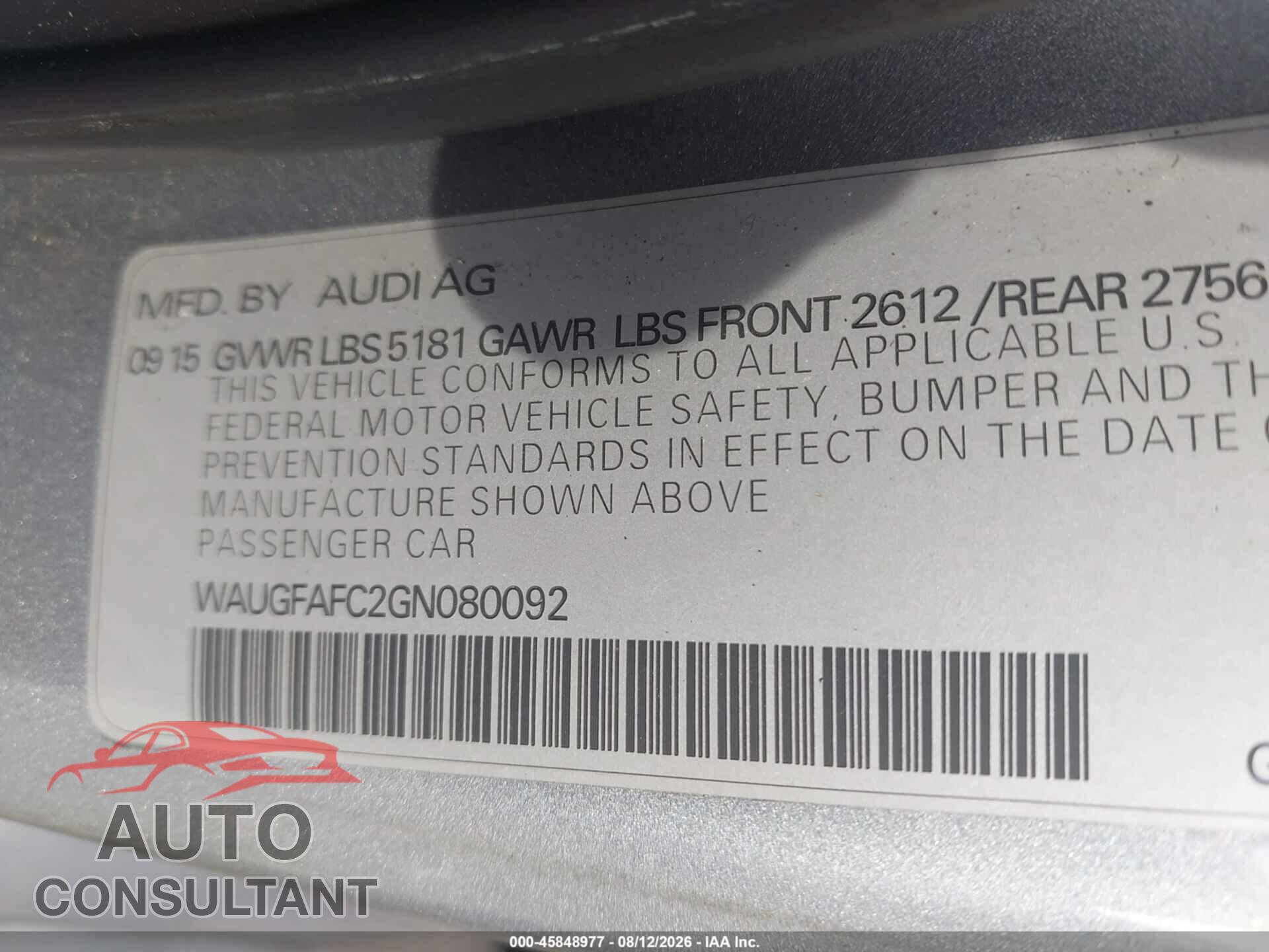 AUDI A6 2016 - WAUGFAFC2GN080092