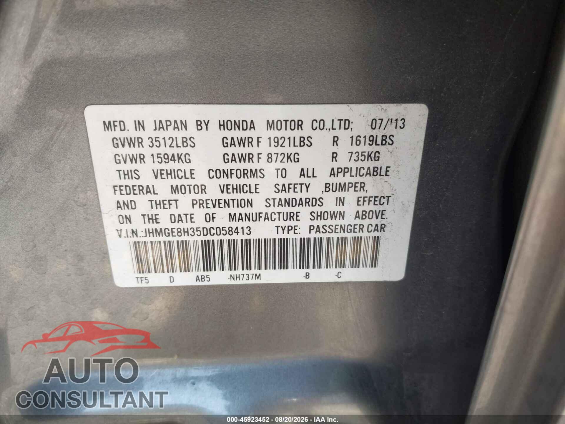 HONDA FIT 2013 - JHMGE8H35DC058413