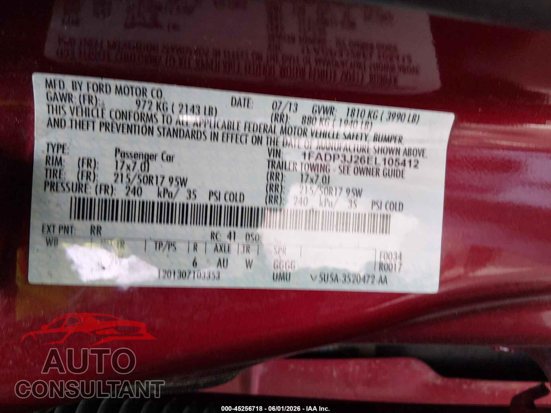 FORD FOCUS 2014 - 1FADP3J26EL105412