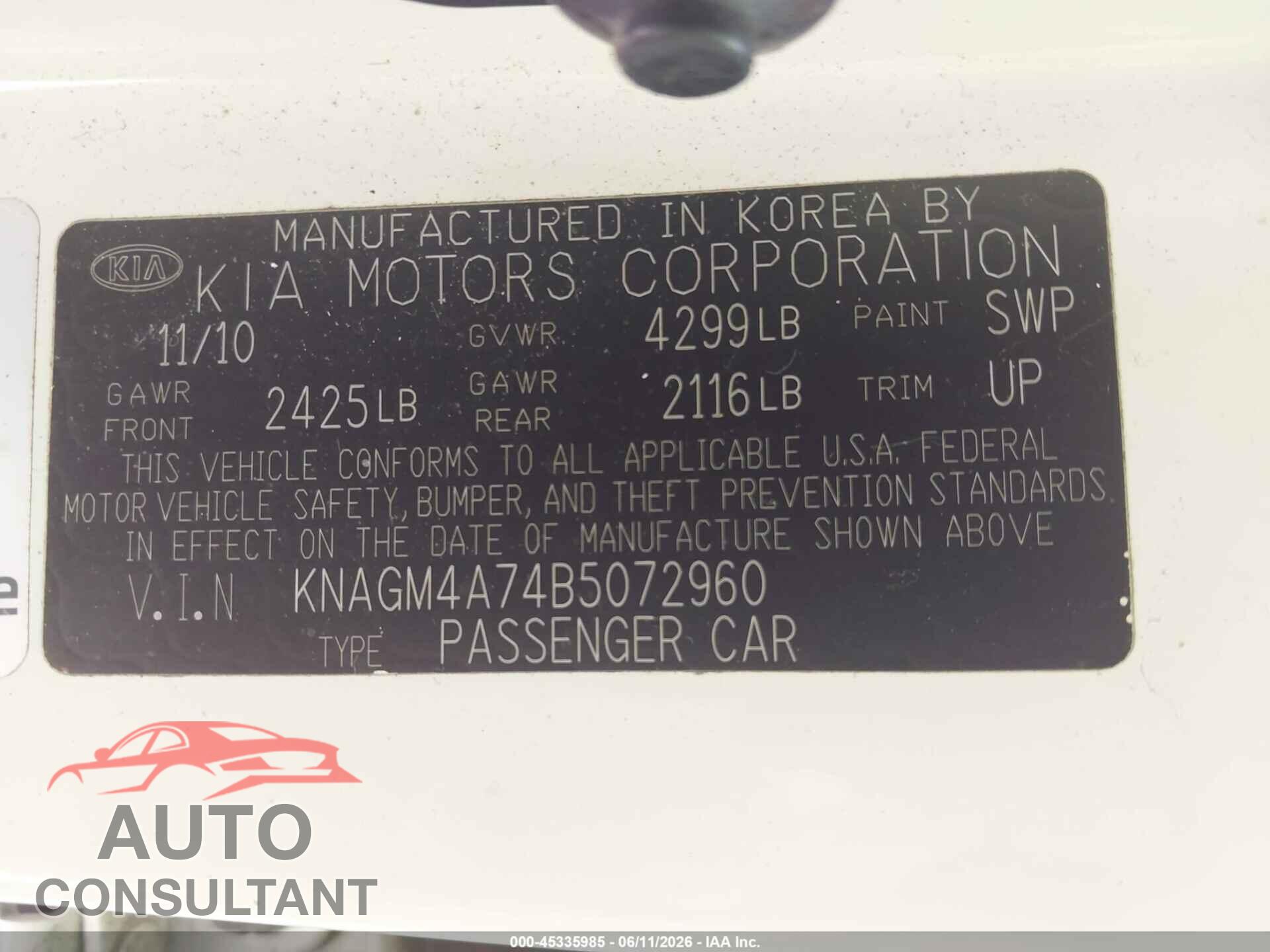 KIA OPTIMA 2011 - KNAGM4A74B5072960