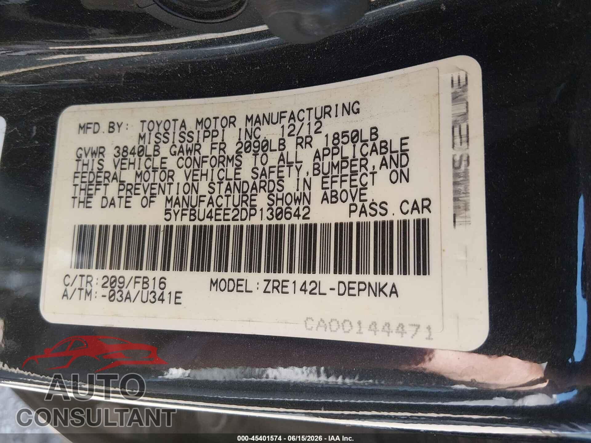 TOYOTA COROLLA 2013 - 5YFBU4EE2DP130642