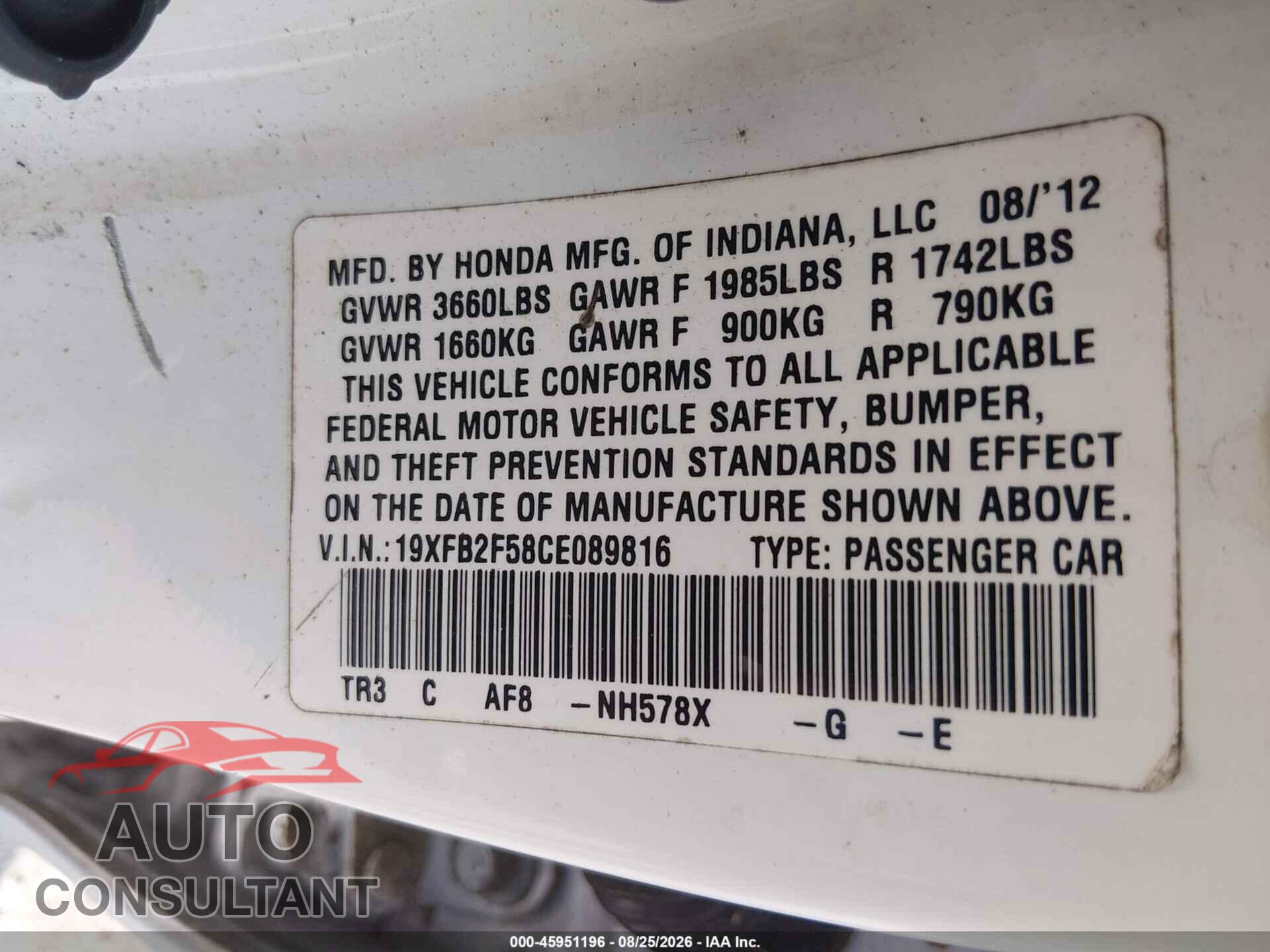 HONDA CIVIC 2012 - 19XFB2F58CE089816