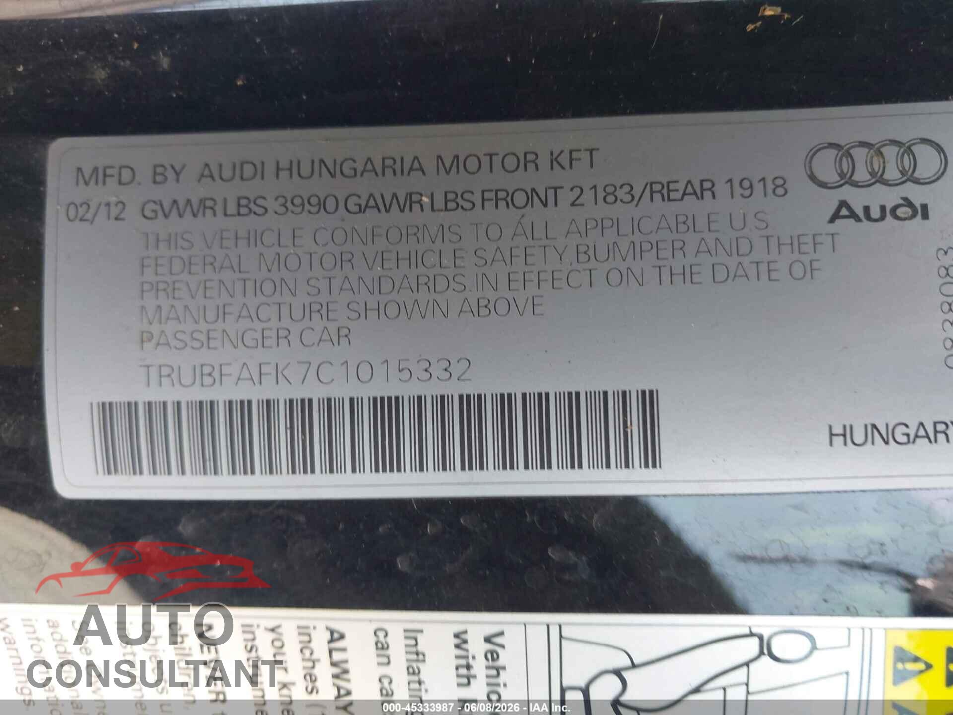 AUDI TT 2012 - TRUBFAFK7C1015332